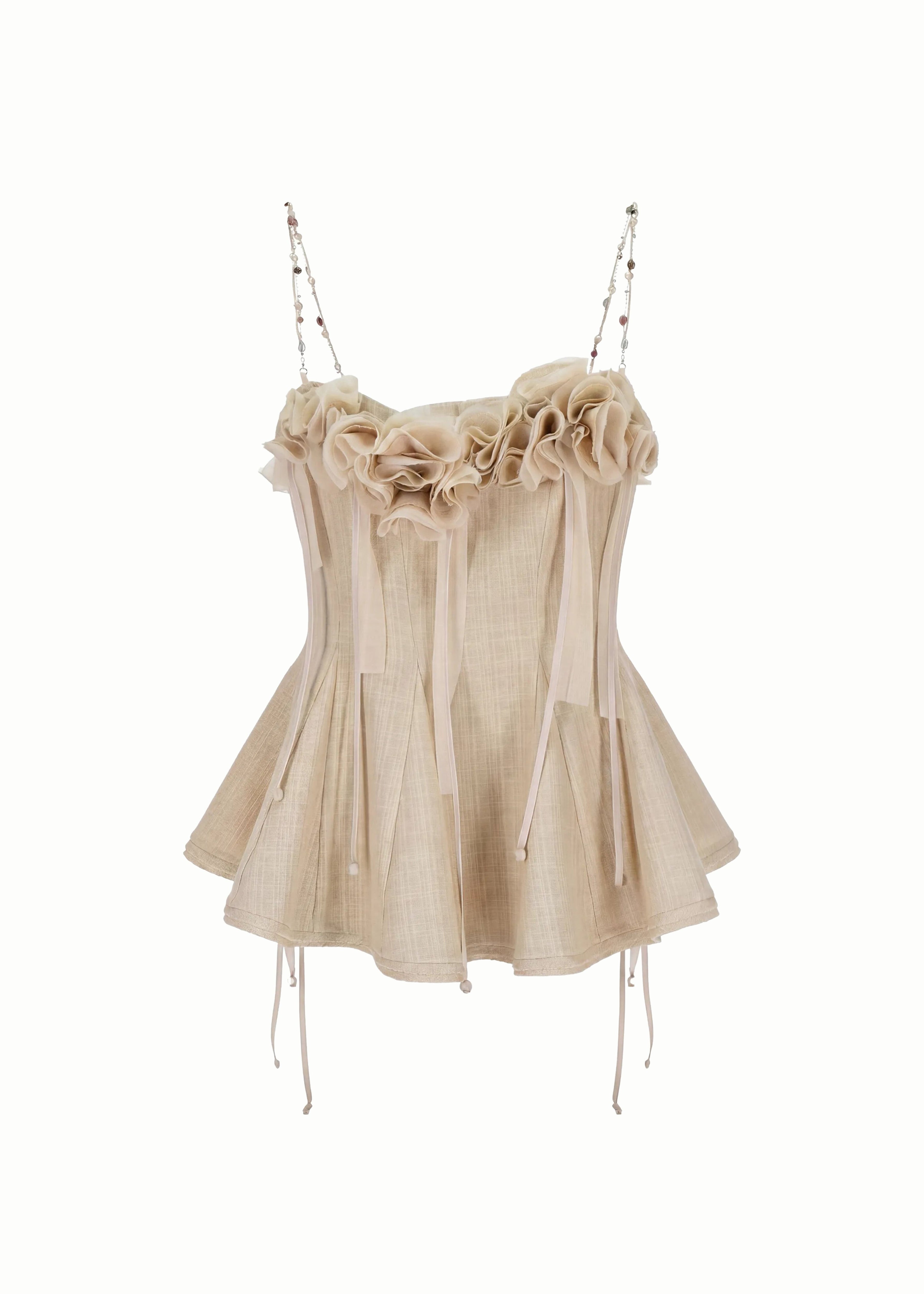 Beige Jade-Strap Floral Peplum Top