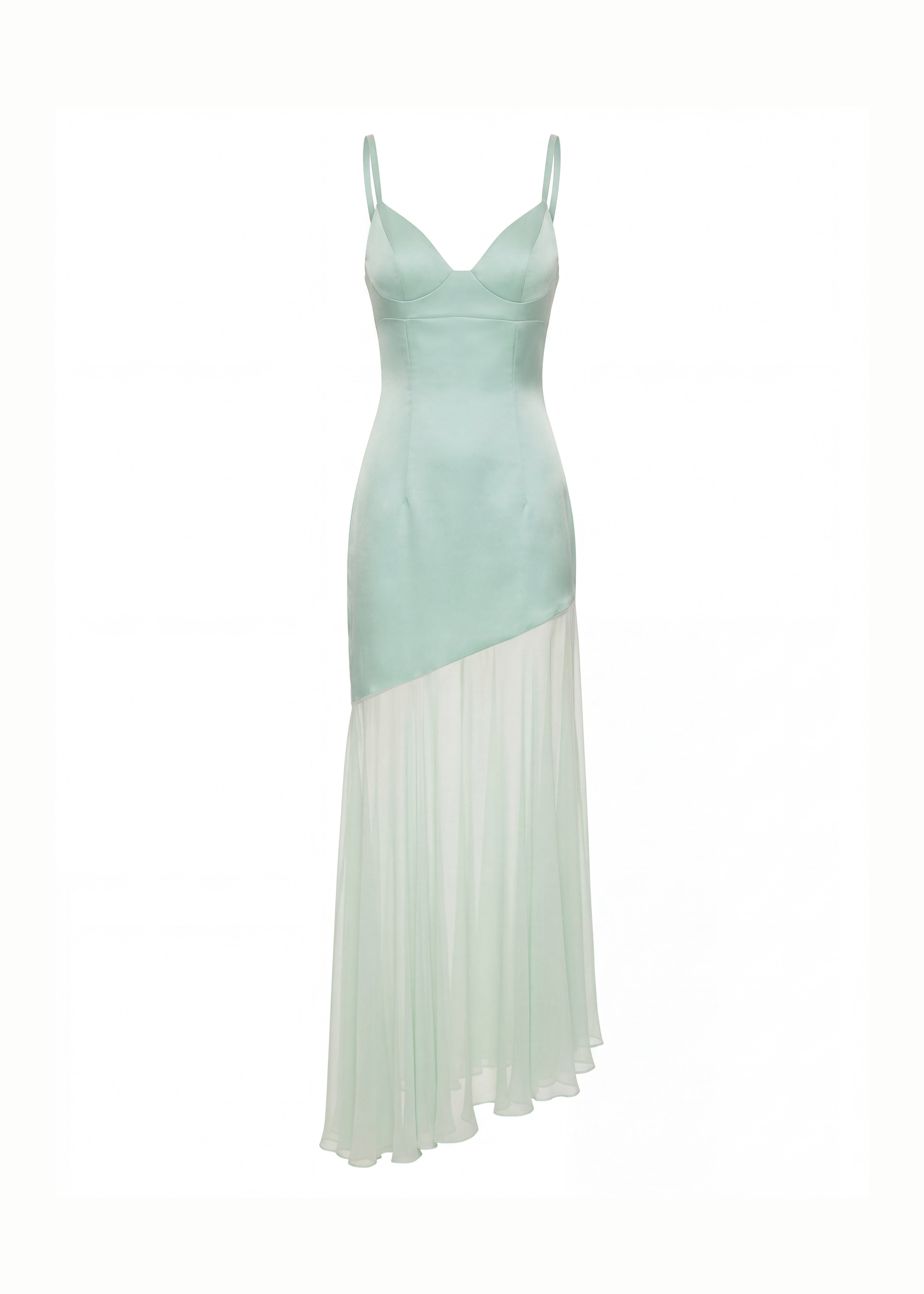 Mint Satin And Chiffon Asymmetric Cutout Maxi Dress