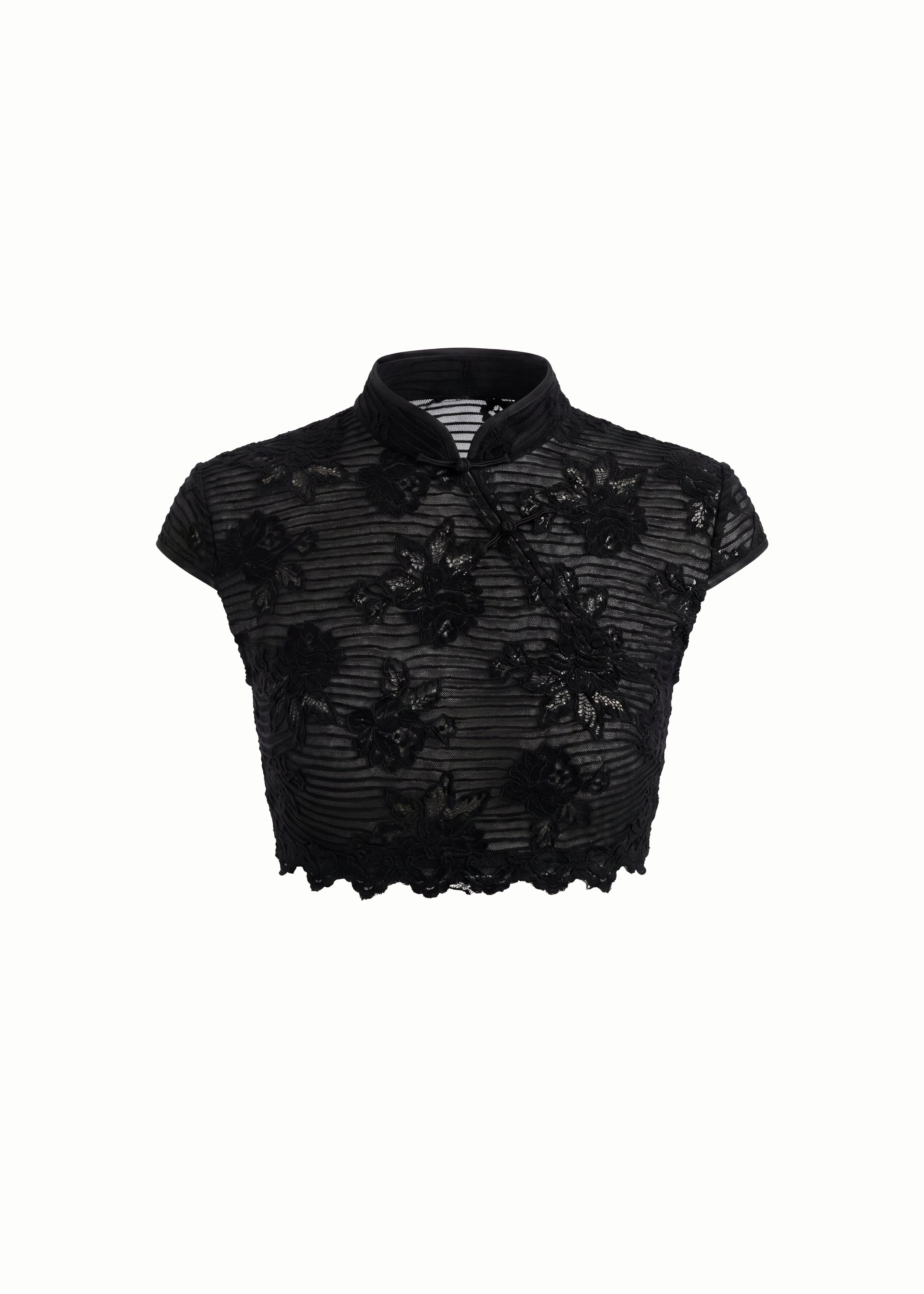 Lace Knit Cheongsam Crop Top in Black