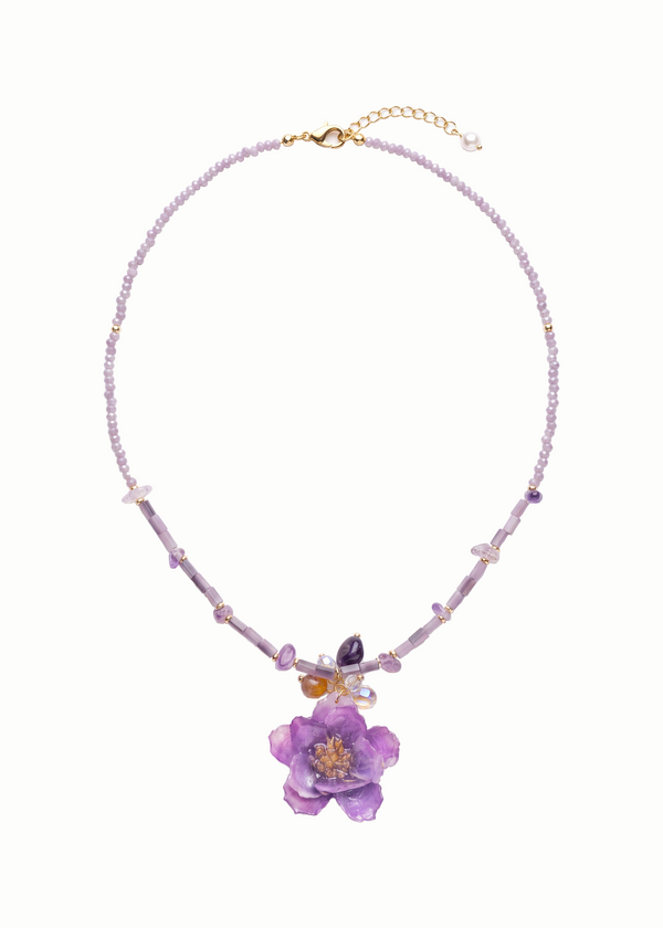 Preserved Purple Wild Flower Bead Necklace