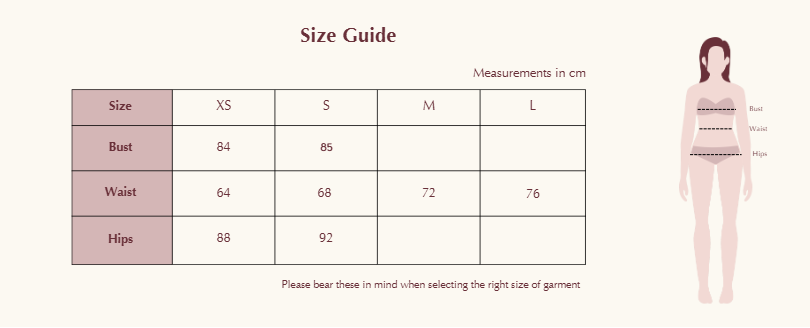 Size guide for clothing with measurements on a white background