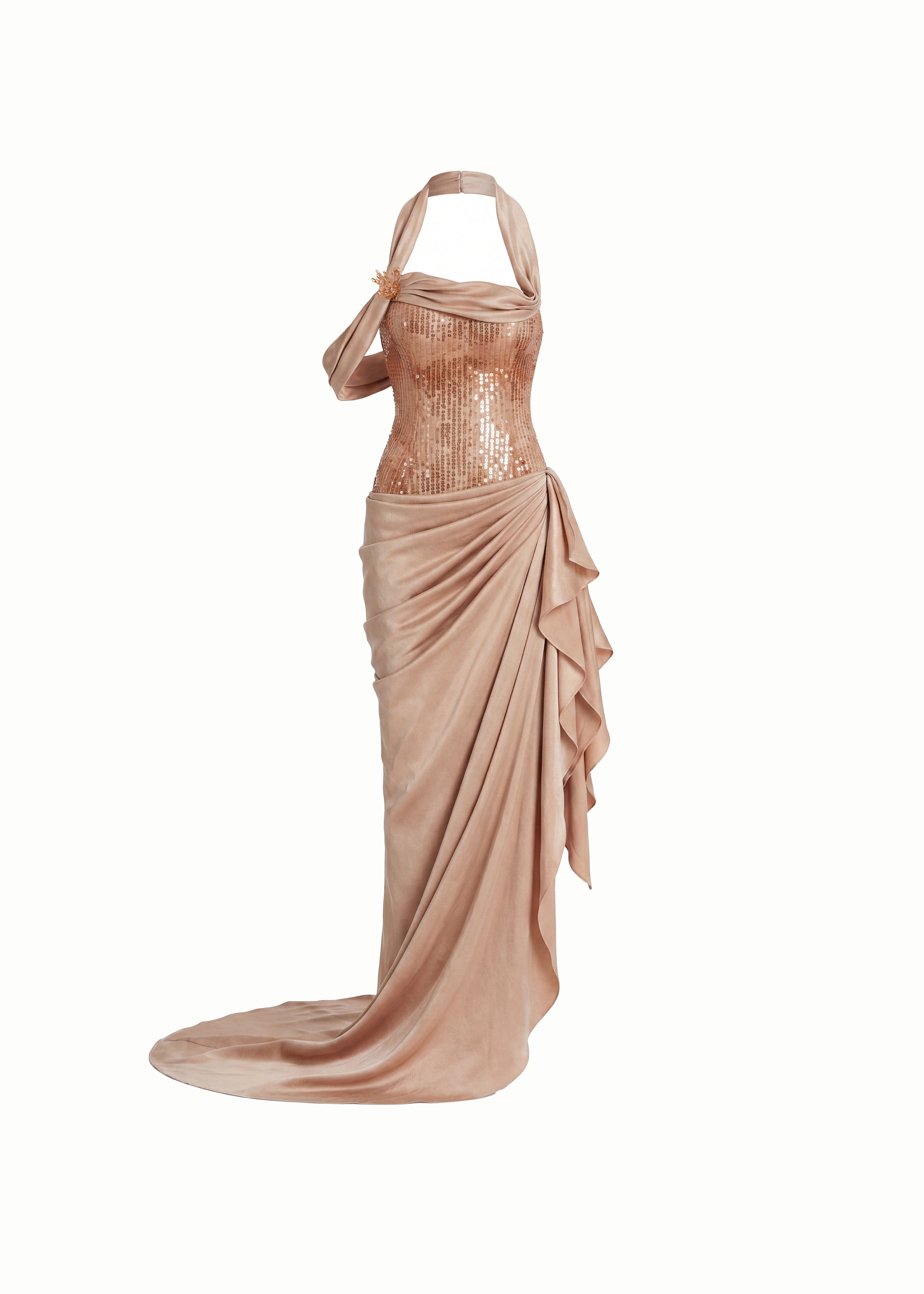 Sequined Bodice Satin Draped Gown in Champagne