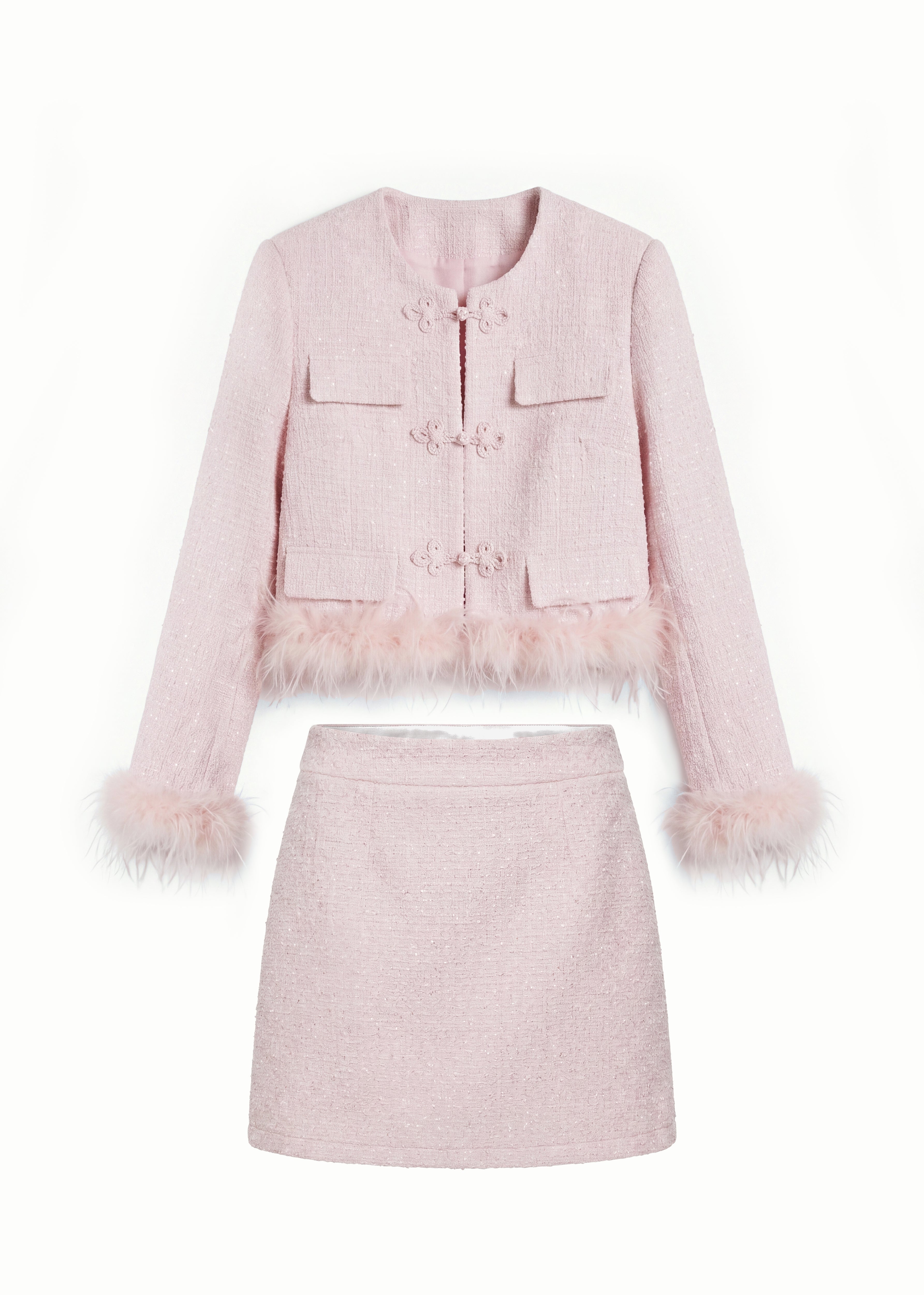 Blush Pink Feather-Trimmed Chinese-Inspired 2 Piece Set