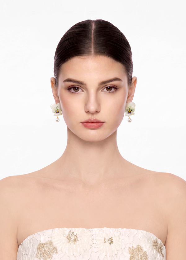 Preserved Viola Pansy Pearl Drop Earrings