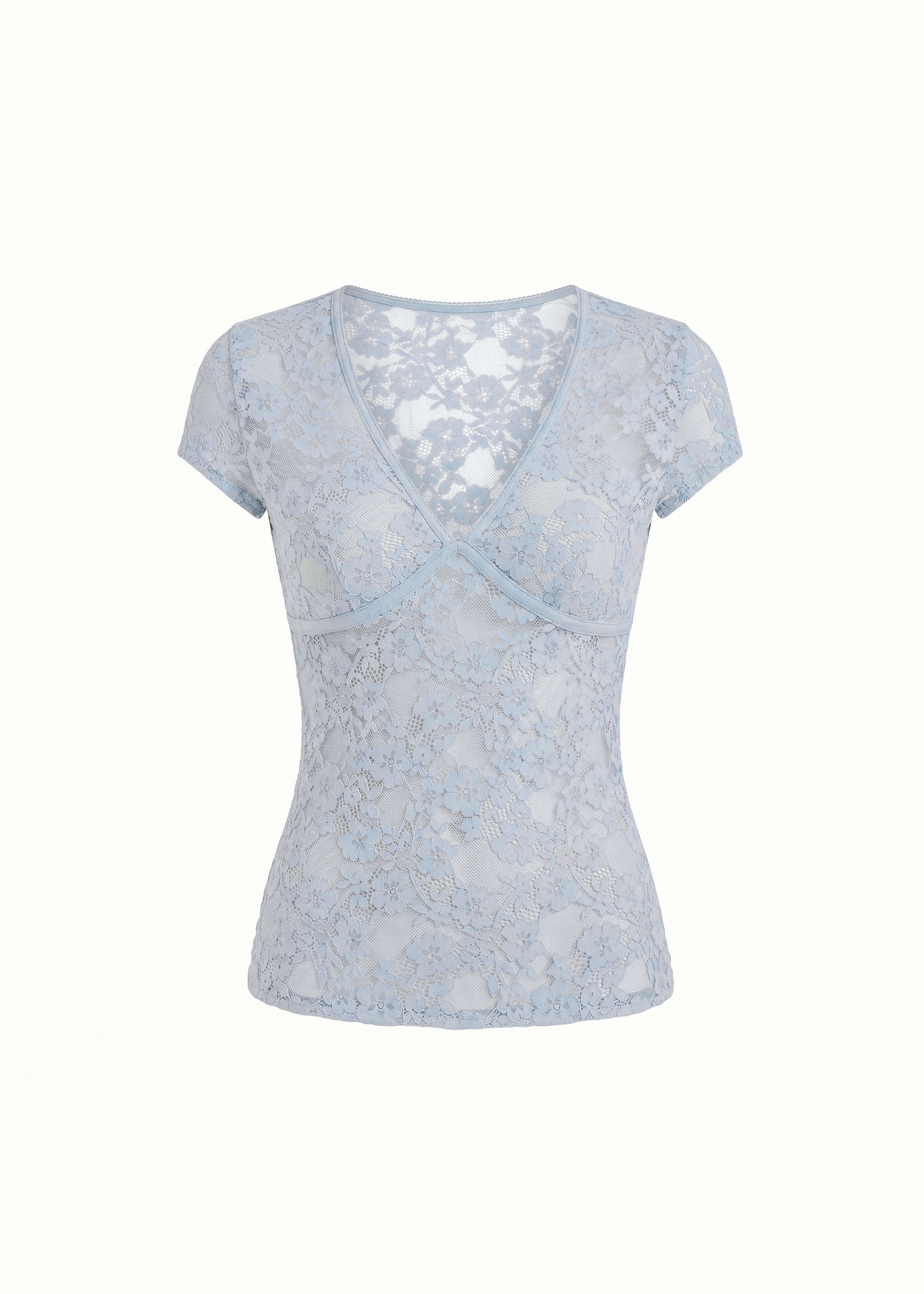 V Neck Lace Top in Turquiose Plunge Short Sleeve Top