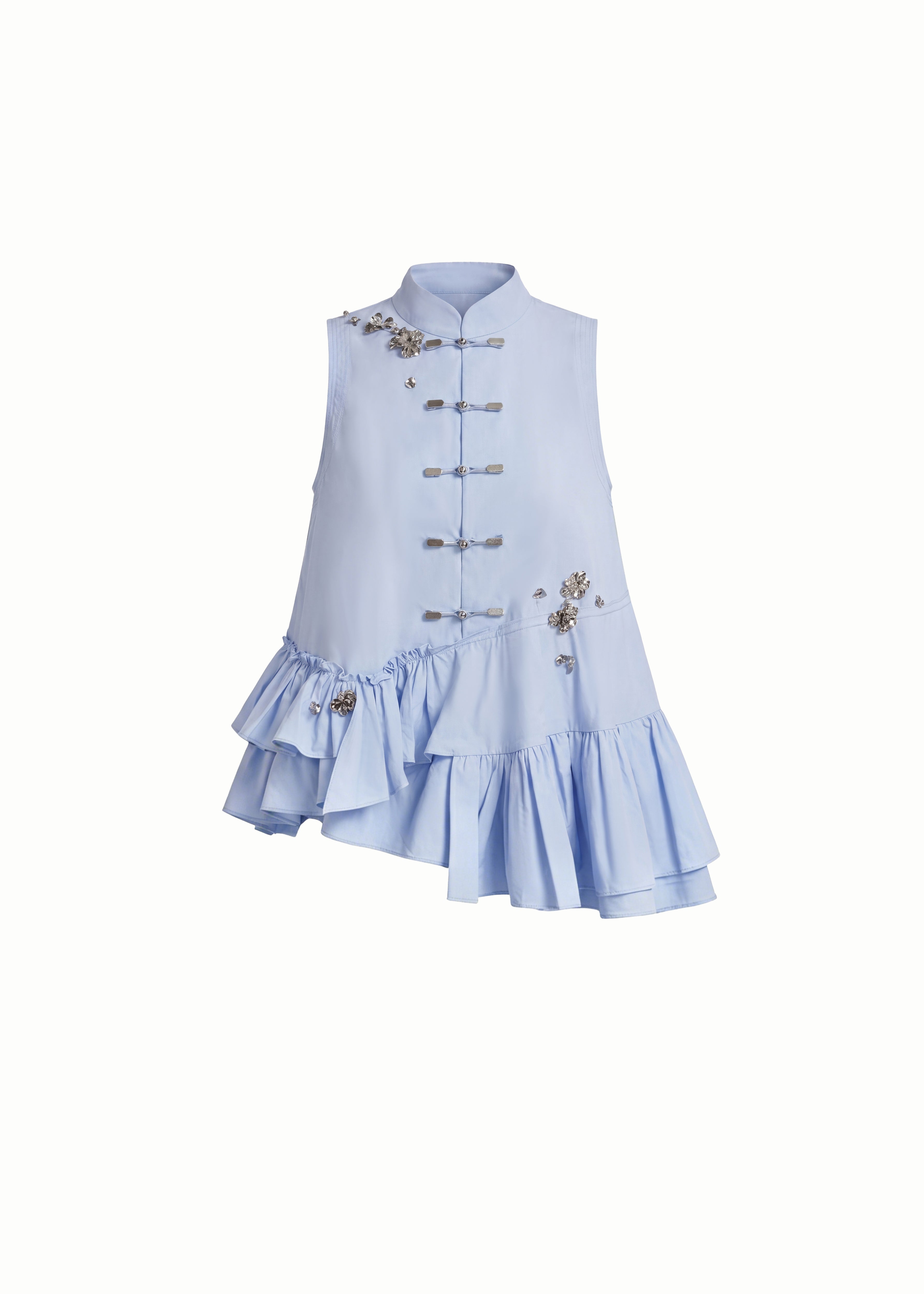 Mandarin Oversized Vest with Ruffled Hem