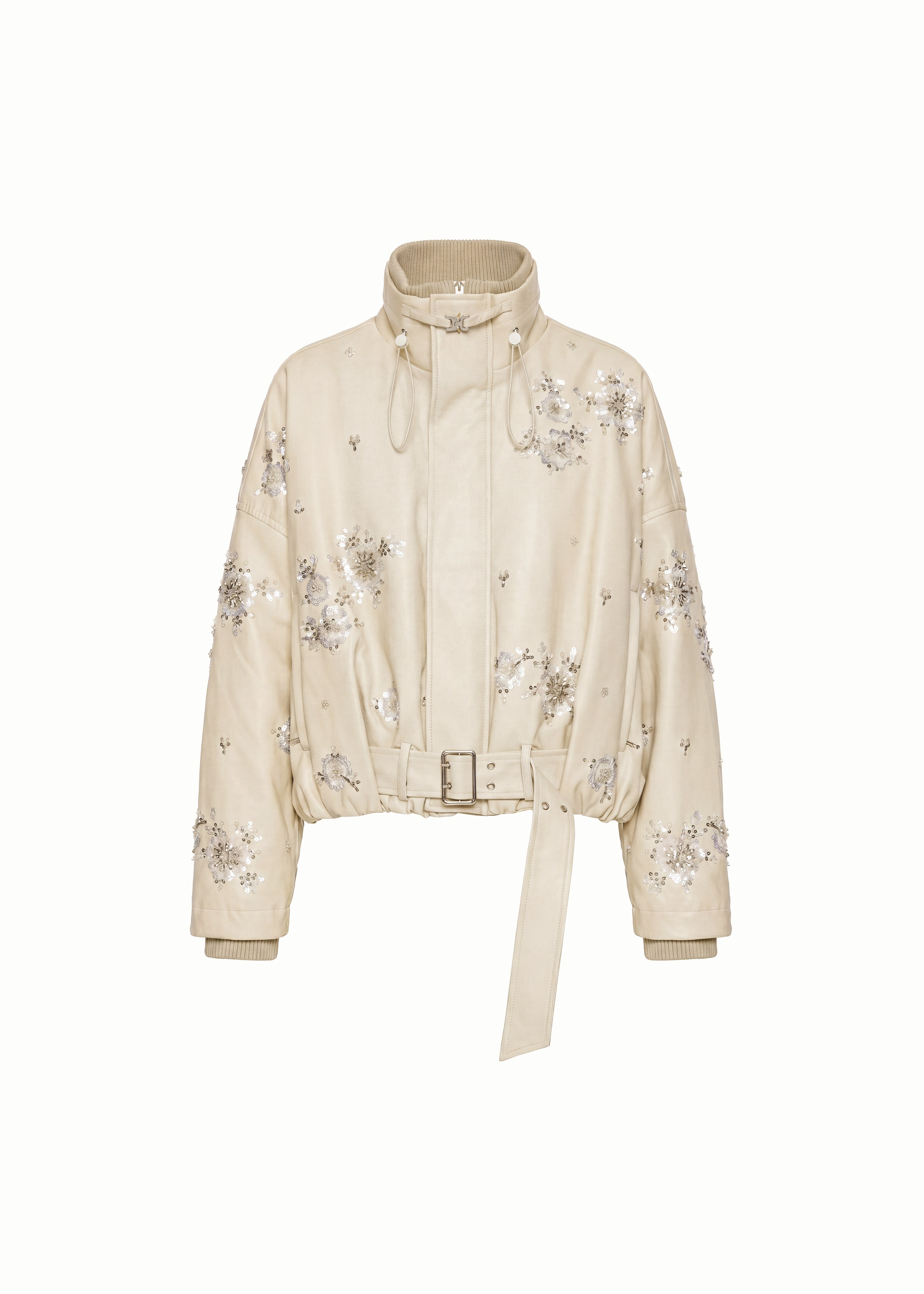Beige Sequined Goose Down Bomber Jacket