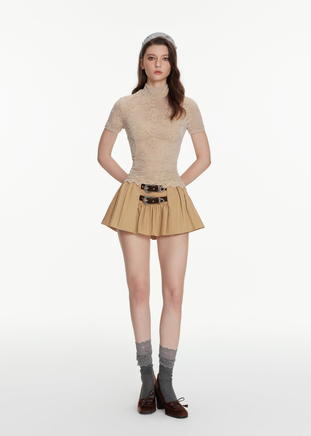 Khiki Belted Mini Skirt With Ruffled Hem