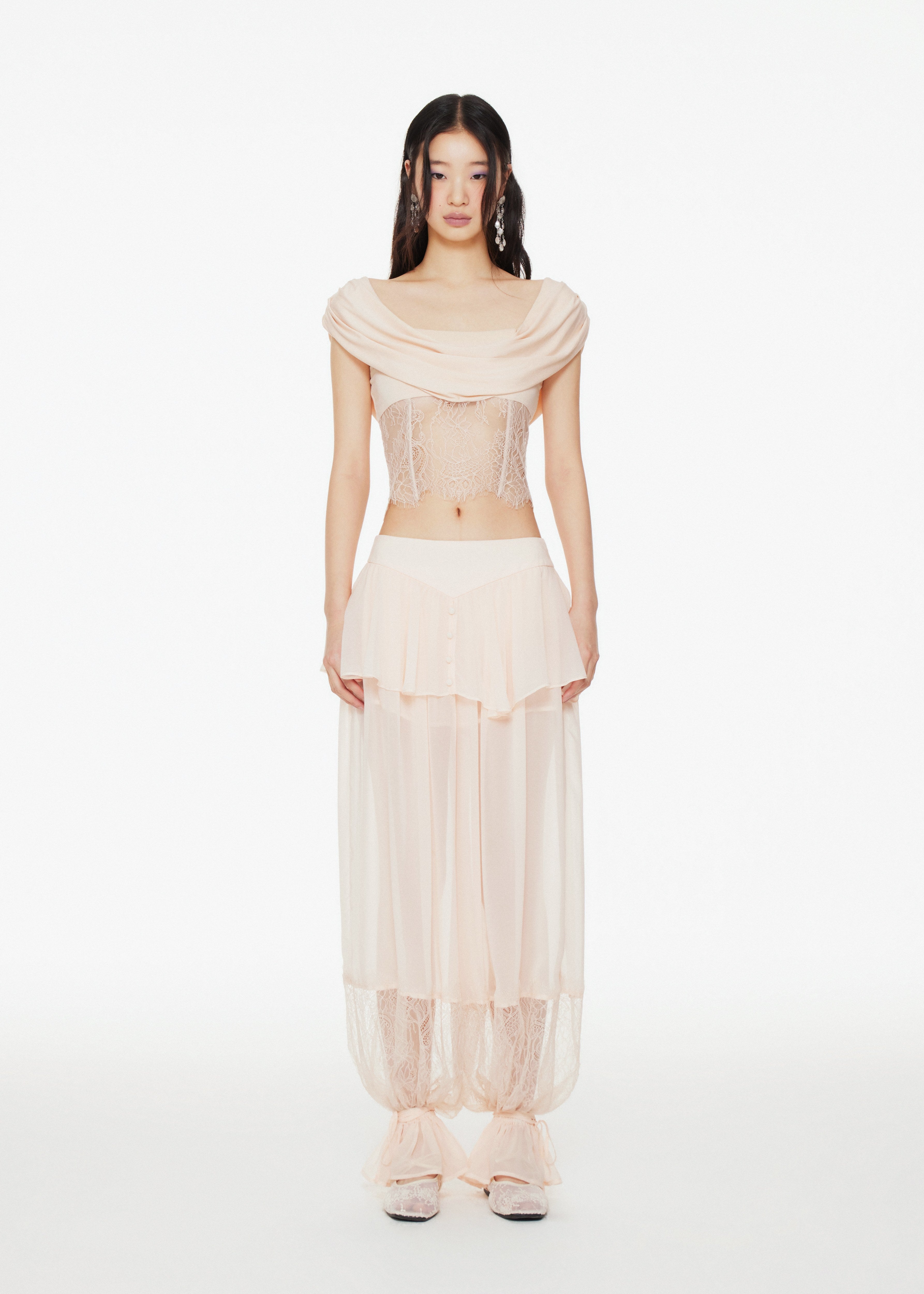 Aria Chiffon Peplum Overlay Balloon Pants in Peach