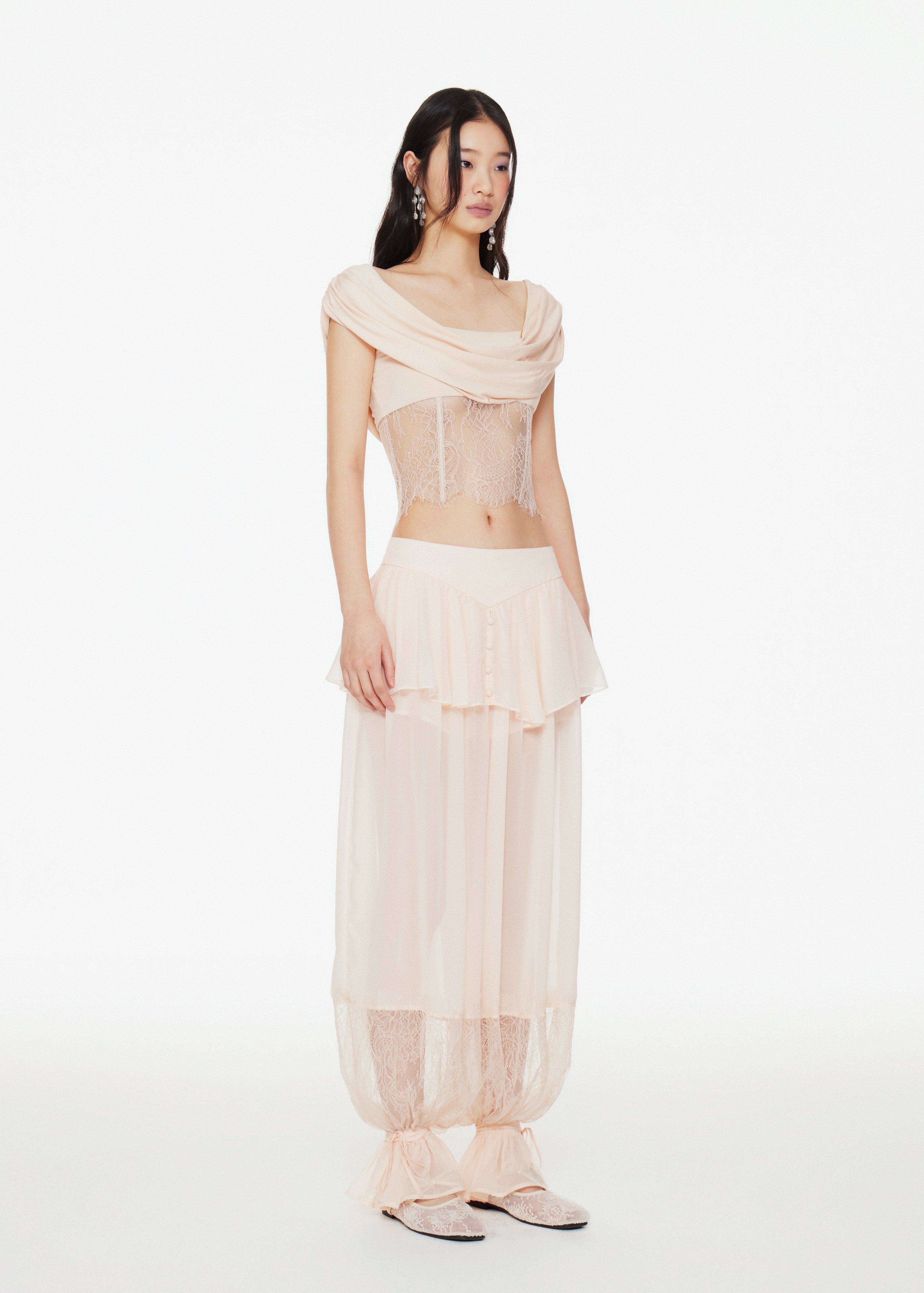 Aria Chiffon Peplum Overlay Balloon Pants in Peach