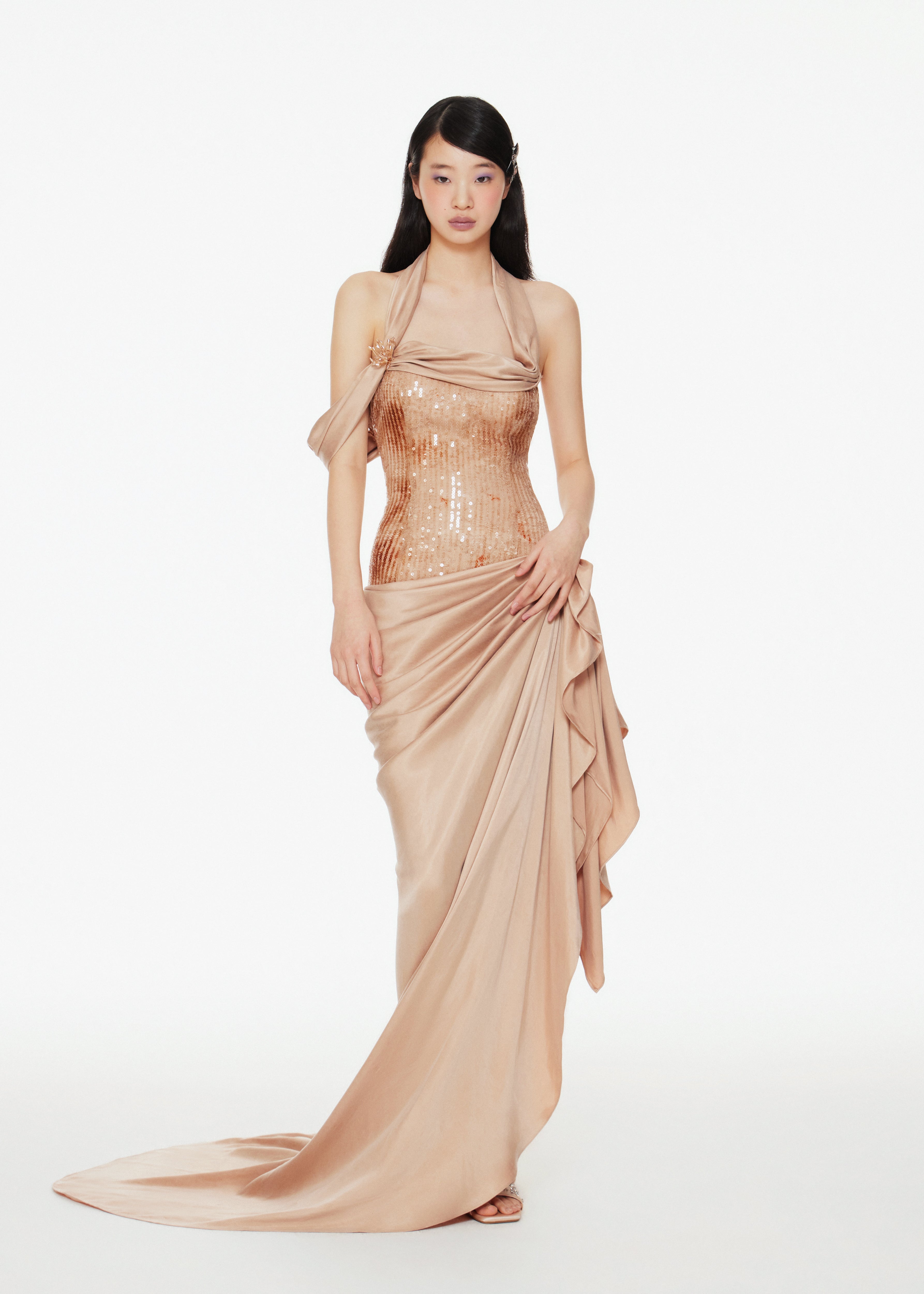 Sequined Bodice Satin Draped Gown in Champagne