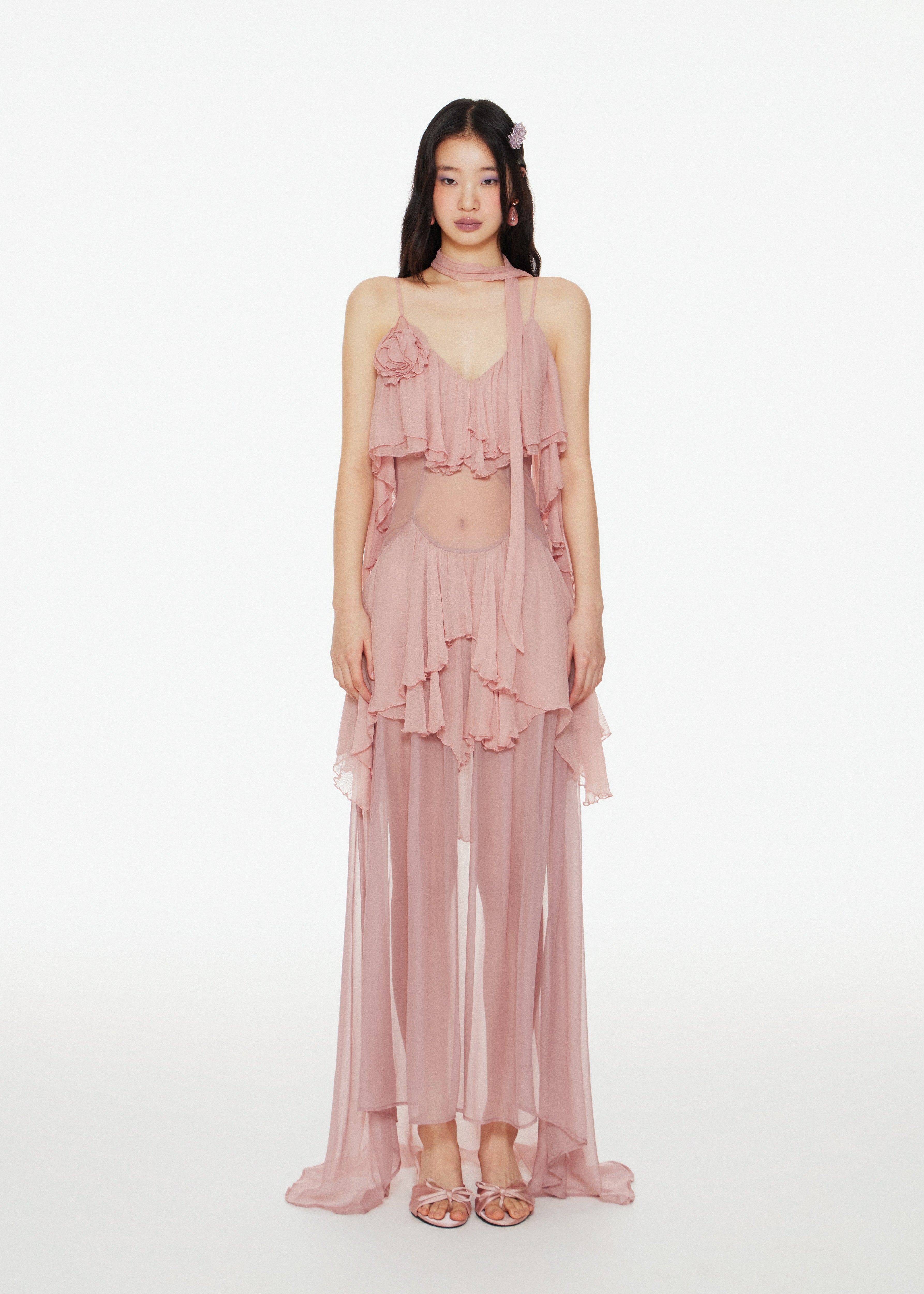 Pink Viscose Ruffled Layered Maxi Dress