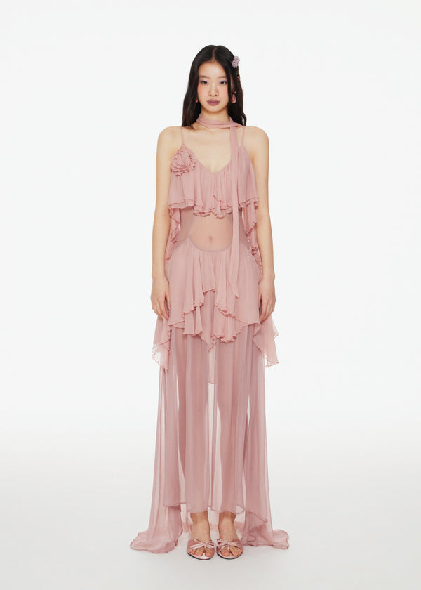 Pink Viscose Ruffled Layered Maxi Dress