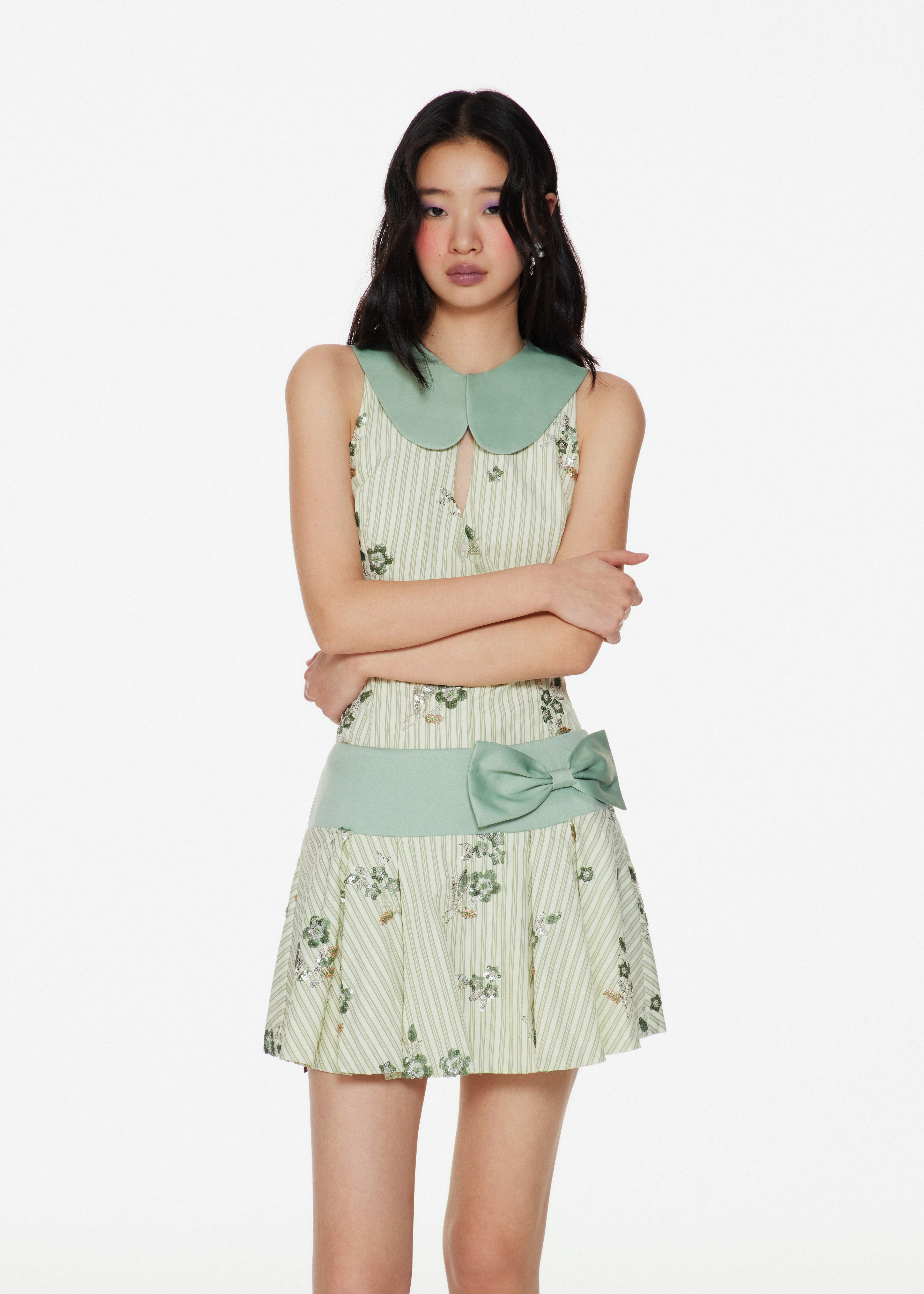 Lyra Floral Sequin Striped Bow Pleated Miniskirt