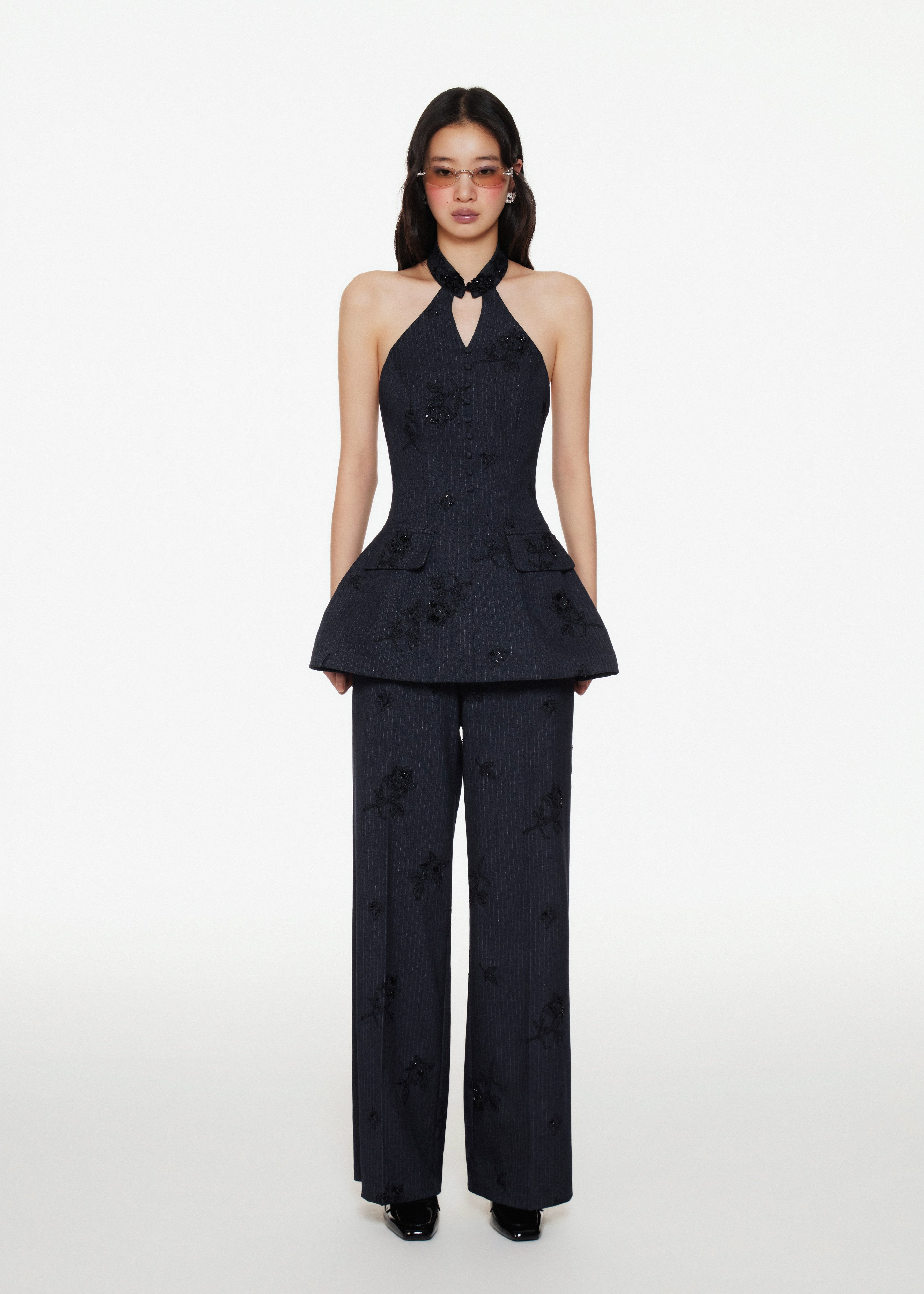 Black Jacquard Wide Leg Pants