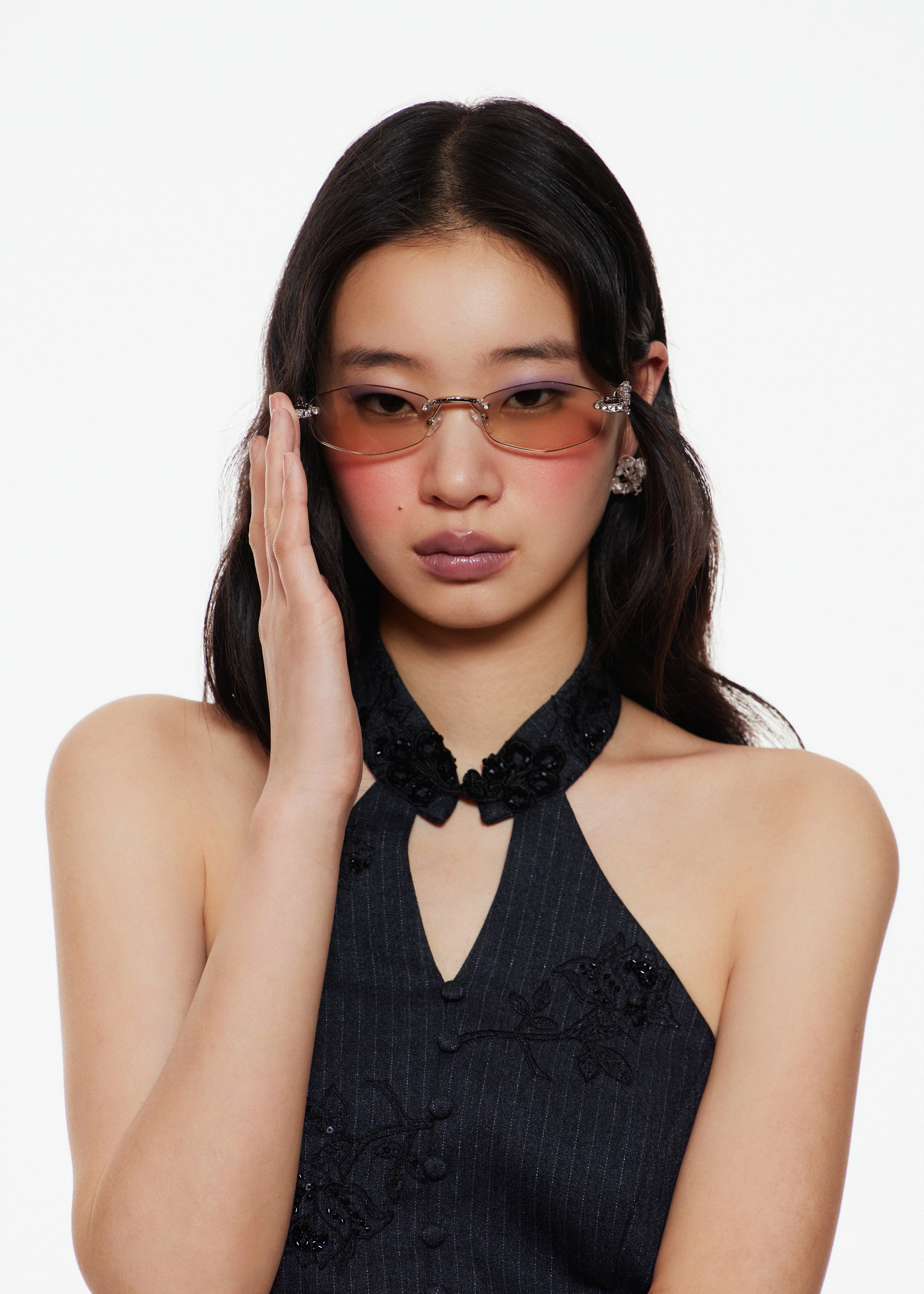 Crystalline Embellished Rimless Oval Eyewear