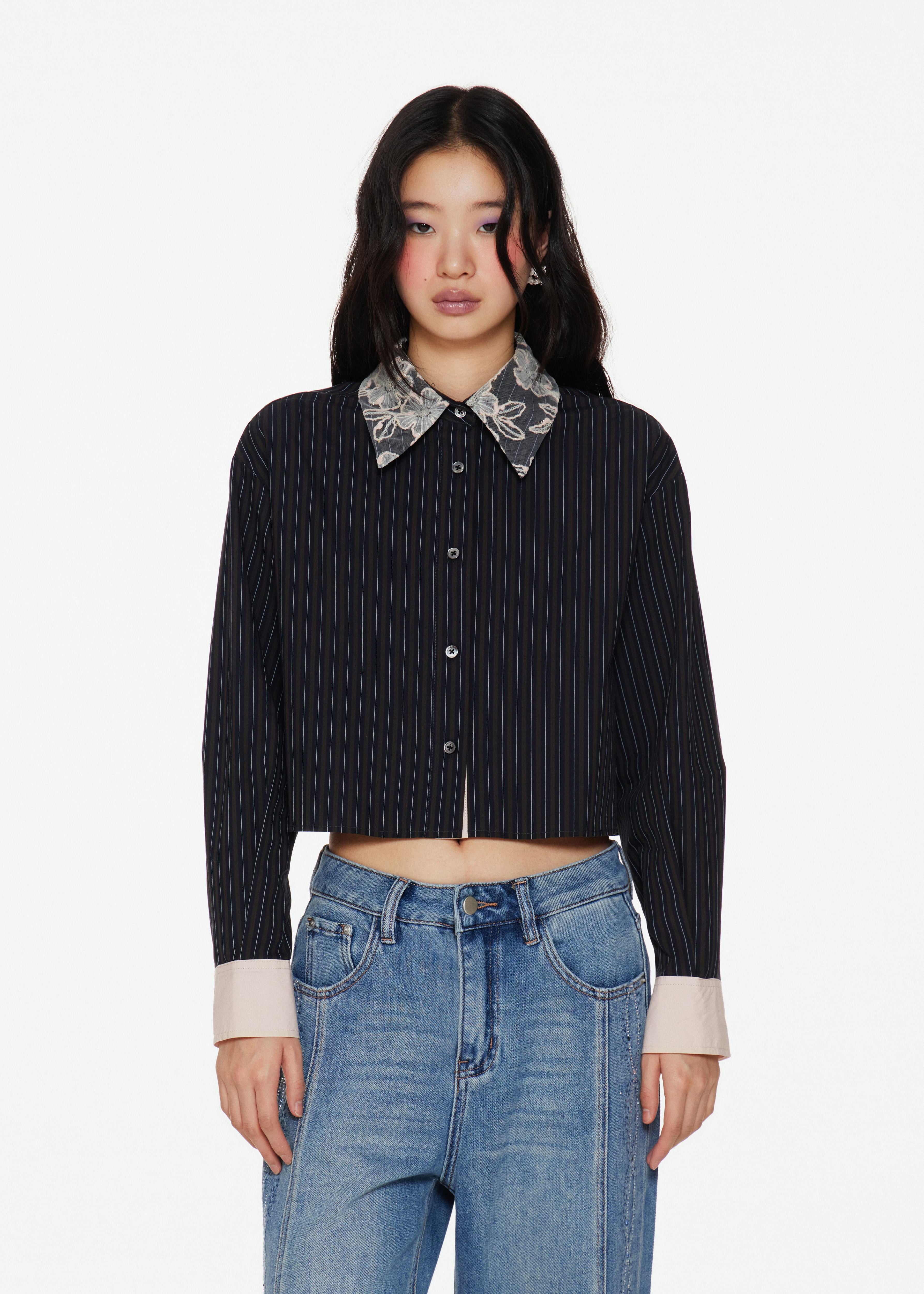 Pinsripe Shirt with Embroidered Collar