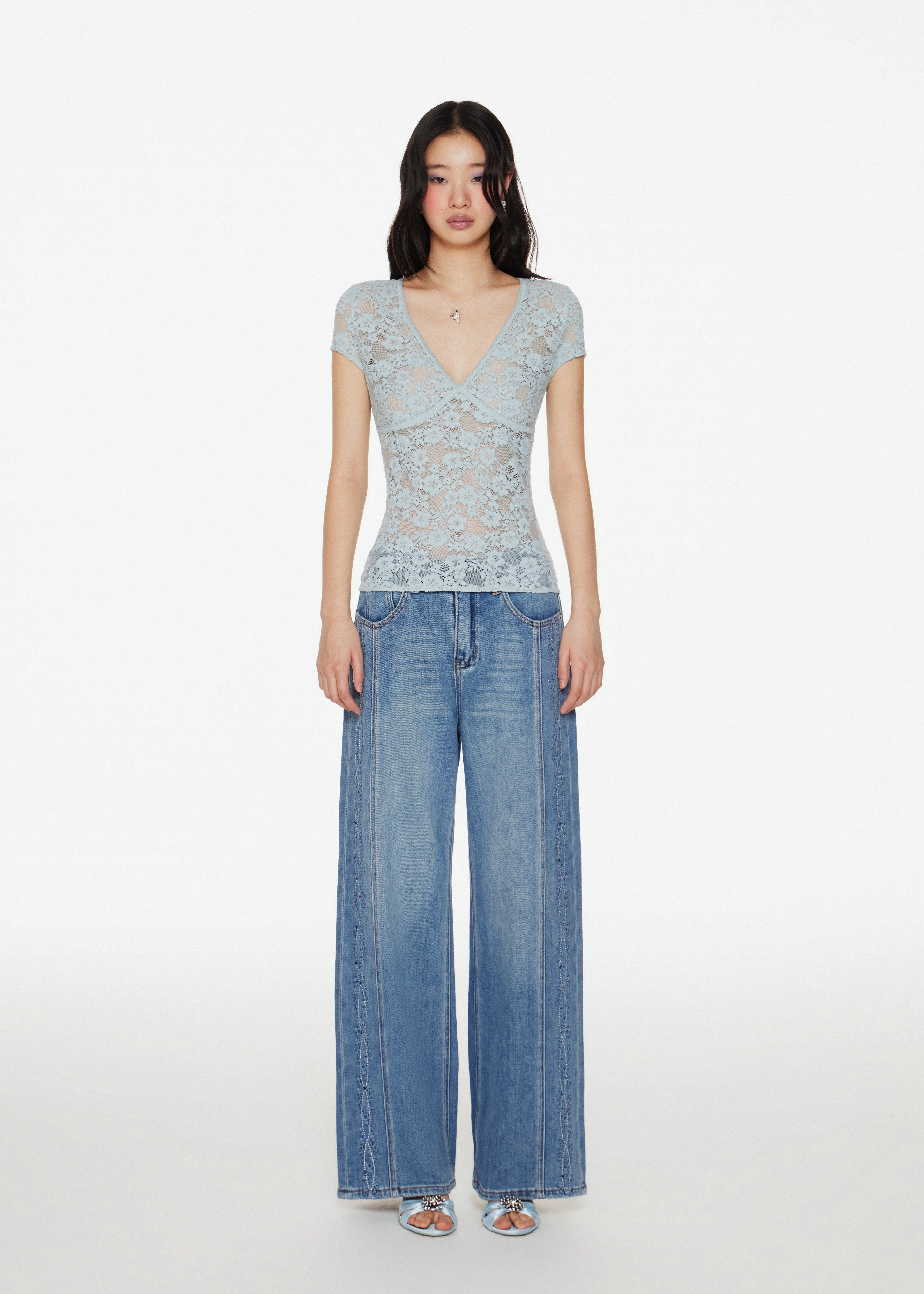 V Neck Lace Top in Turquiose Plunge Short Sleeve Top