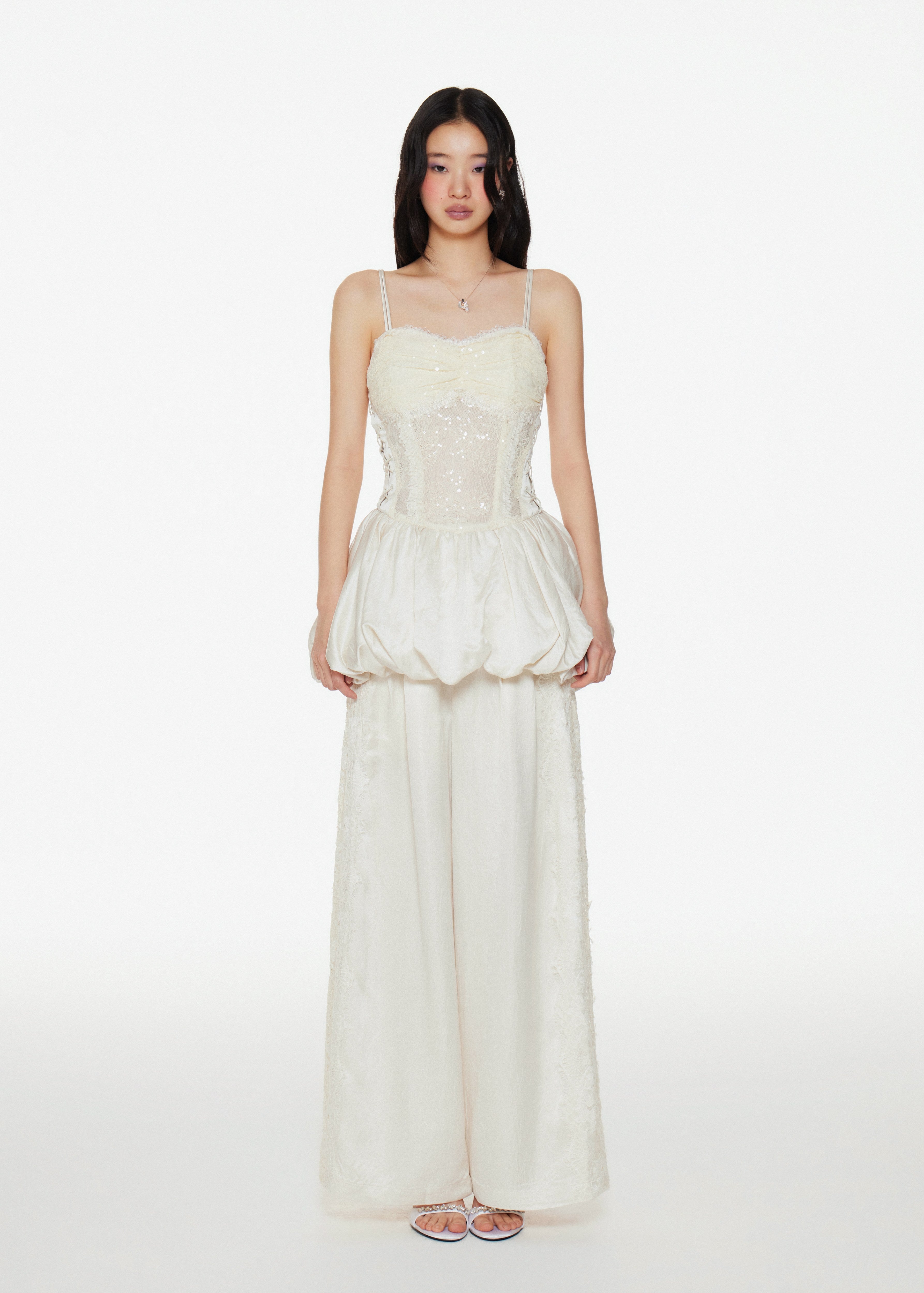 Cream Lace Paneled Acetate Wide Leg Pants