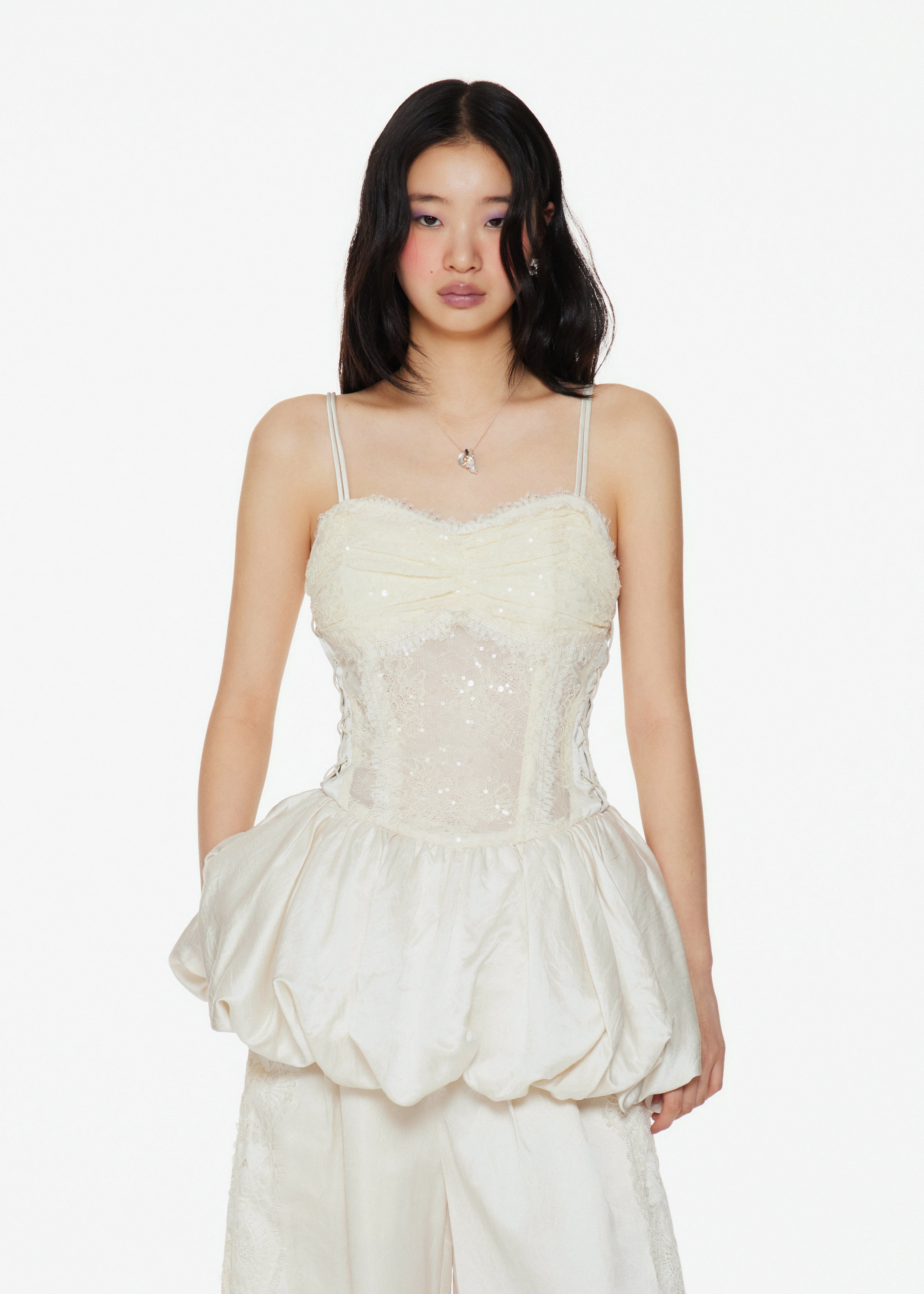 Spaghetti Strap Sequined Balloon Hem Dressy Top