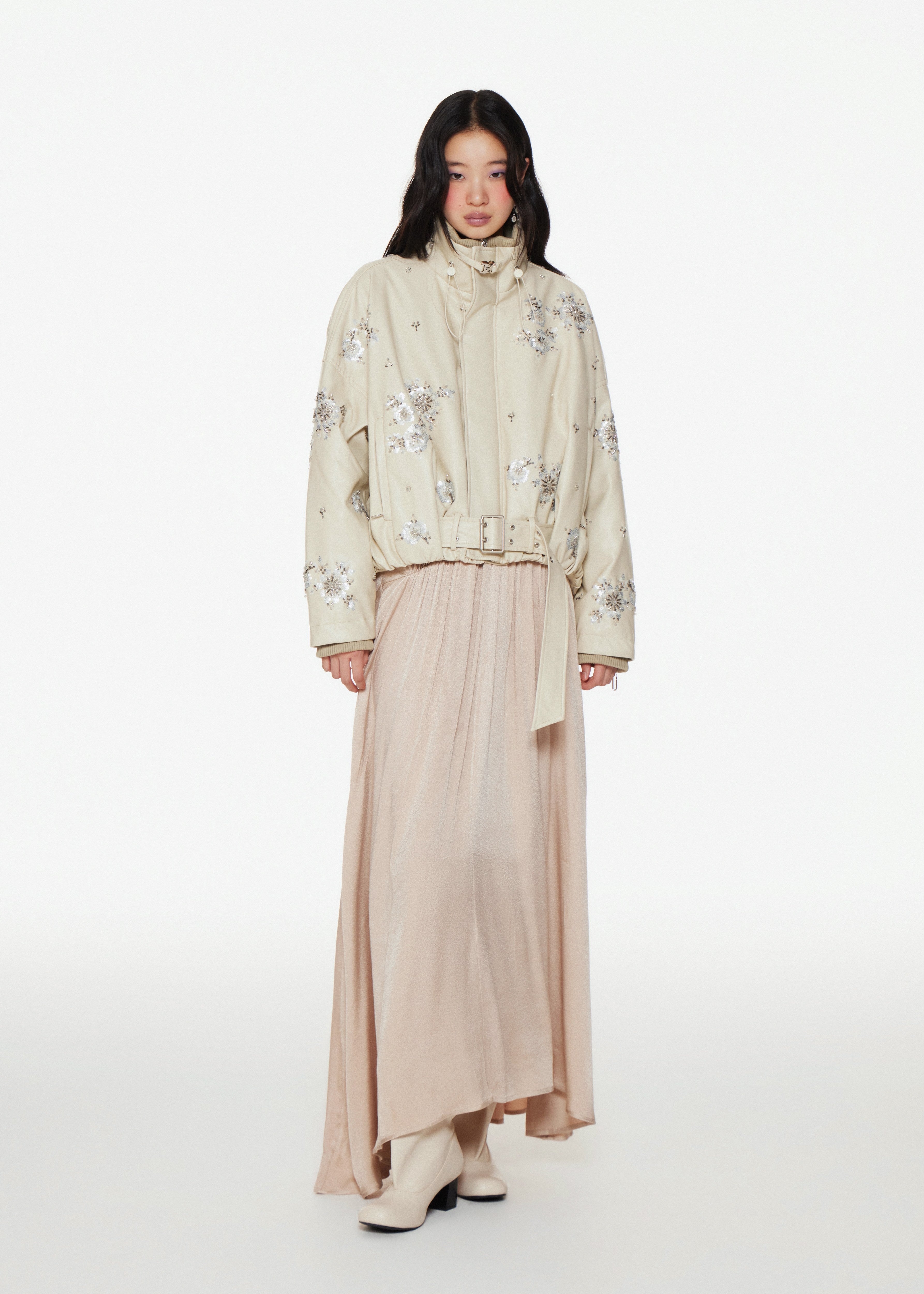 Beige Sequined Goose Down Bomber Jacket