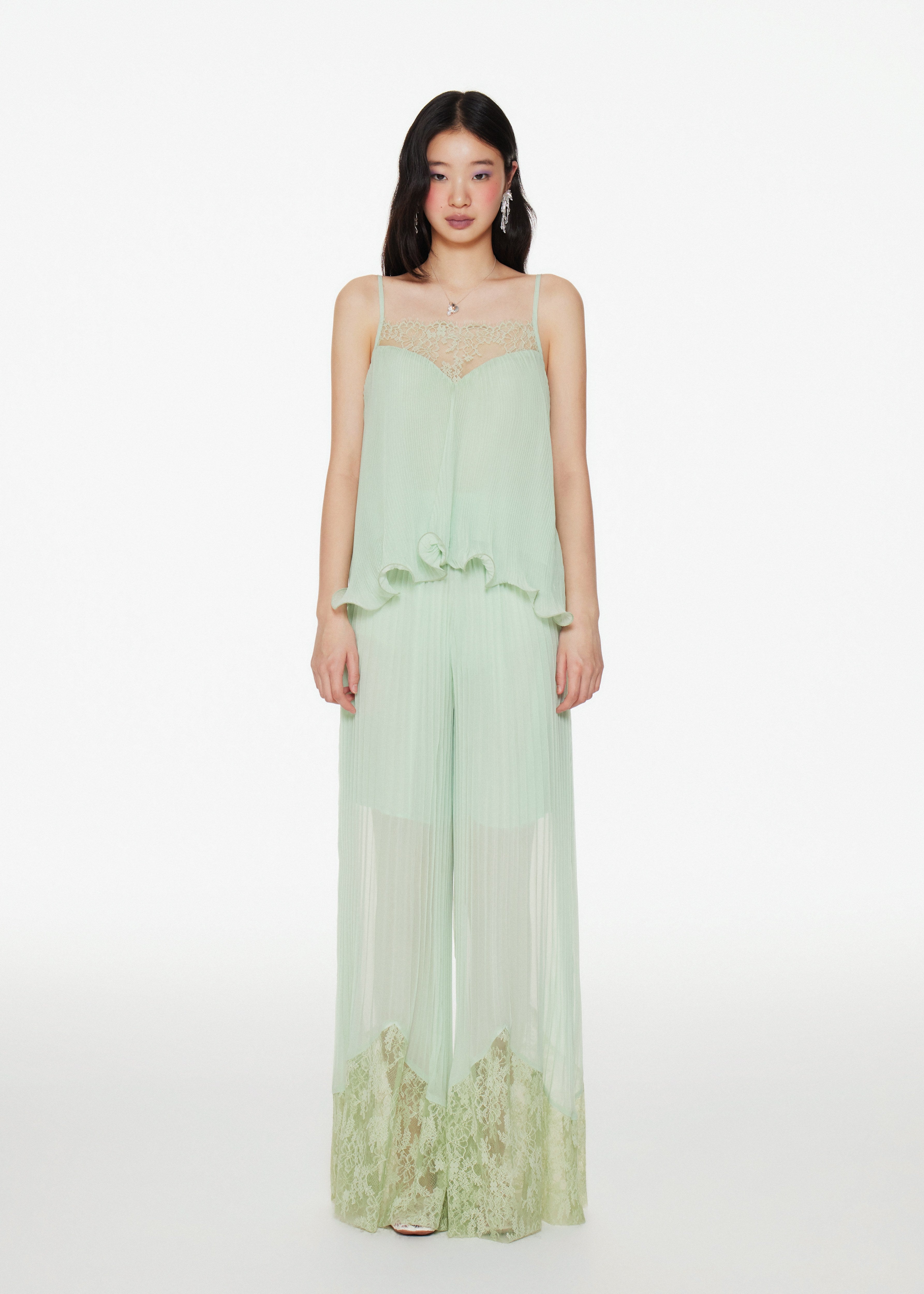 Aria Lace Trim Pleated Chiffon Cami Top in Mint