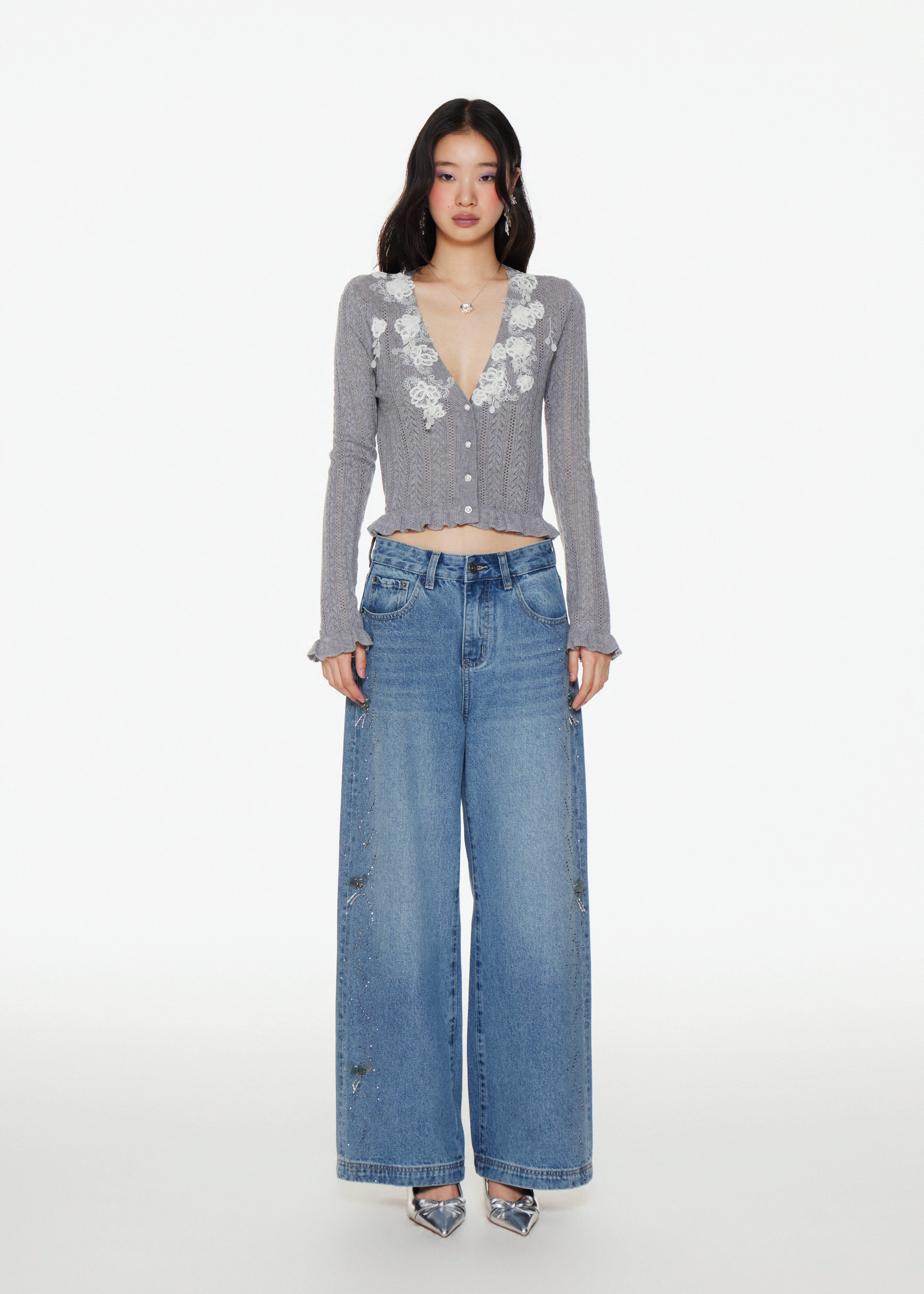 Sequined Encrusted Low-Rise Wide Leg Jeans
