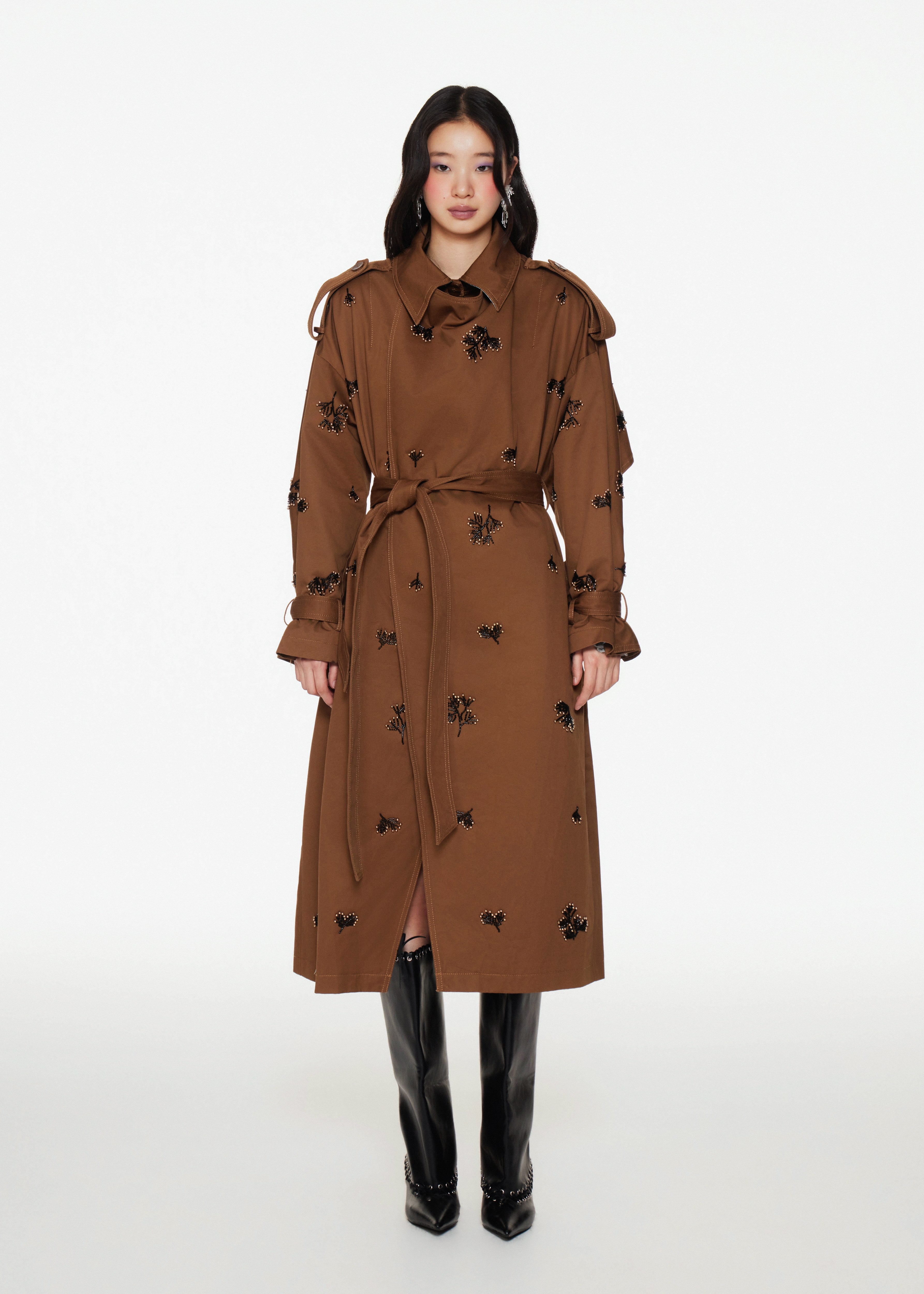 Belted Beaded Floral Trench Coat