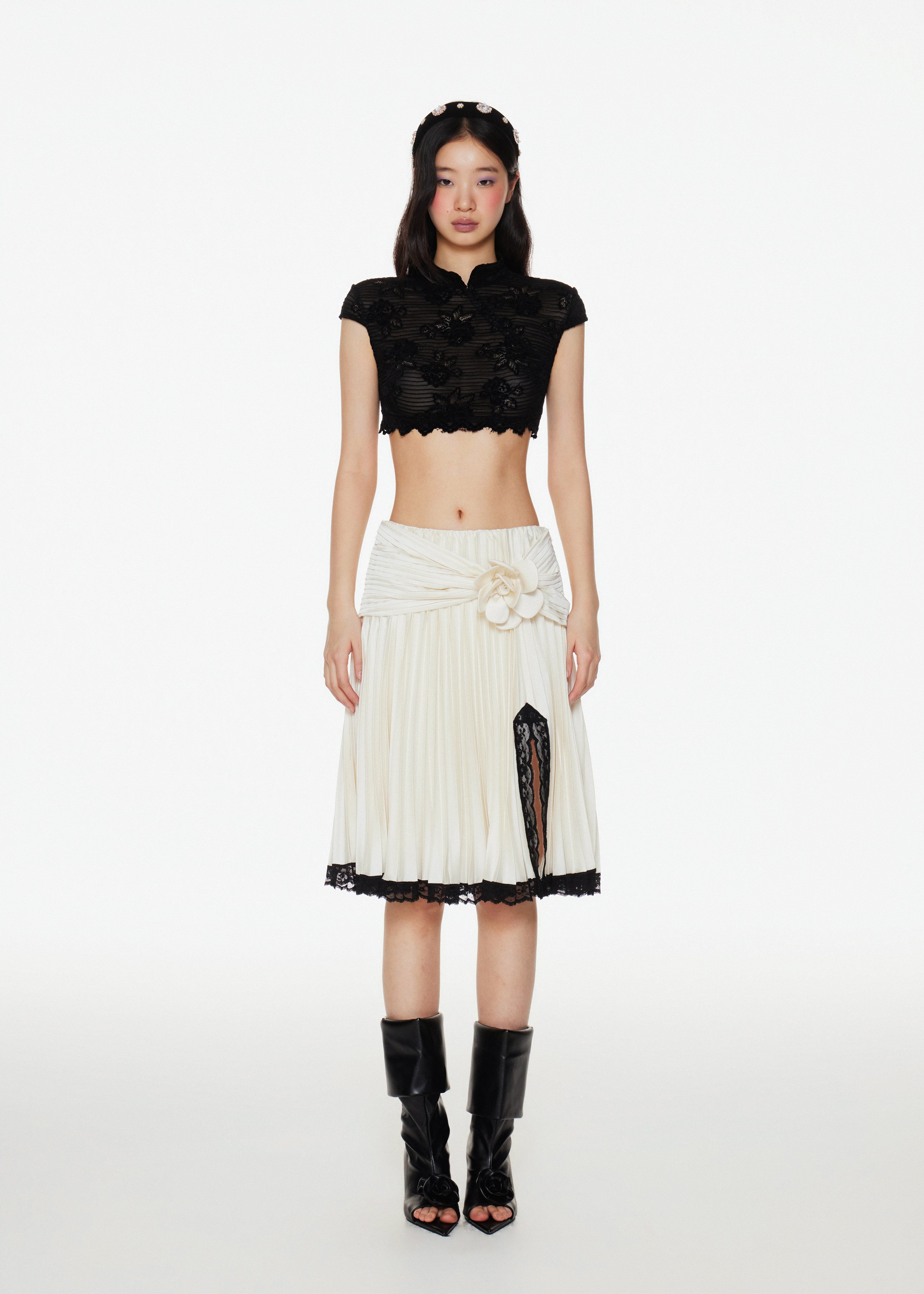 Camillia Pleated Satin Midi Skirt in Ivory