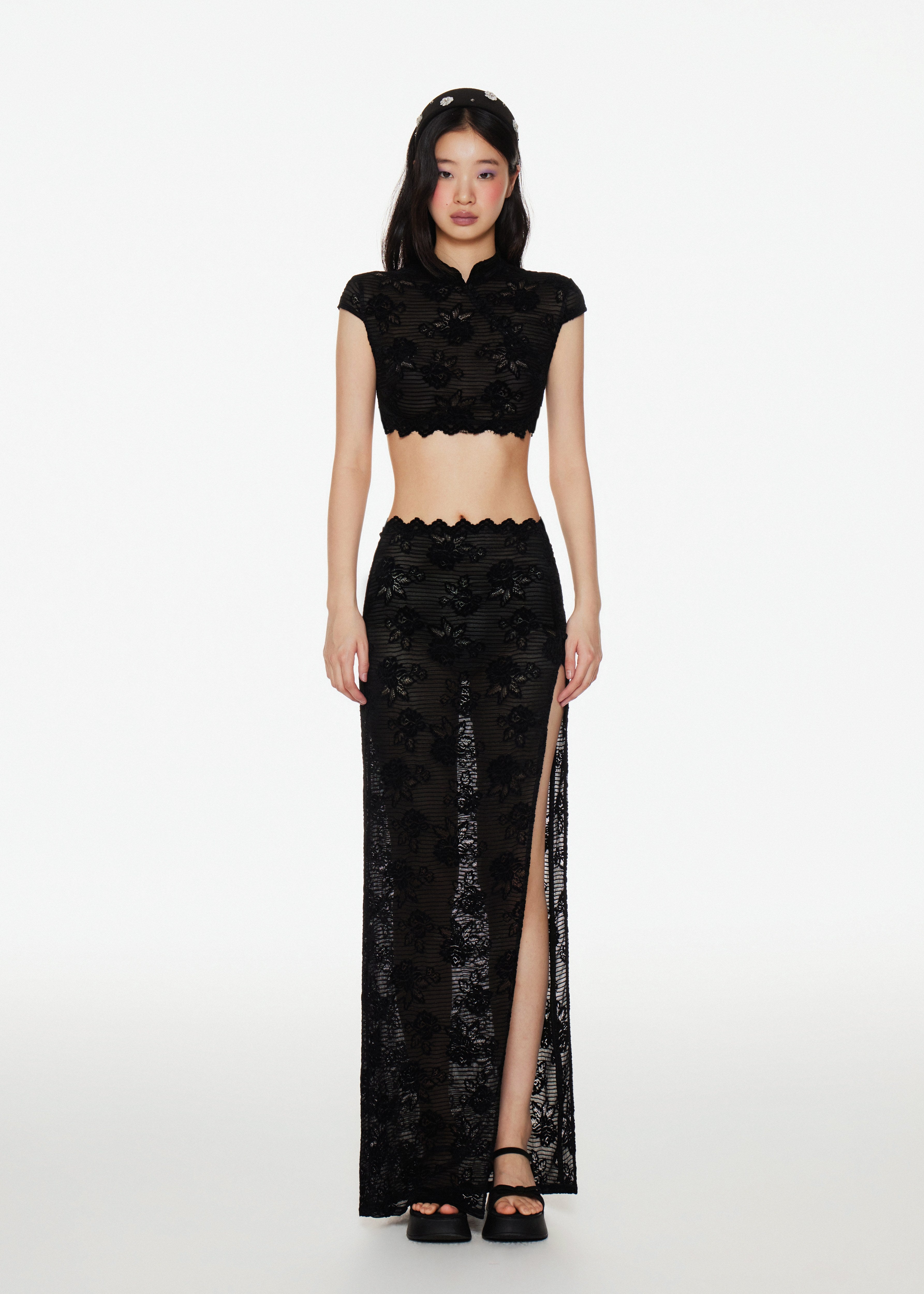 Lace Knit High-Slit Maxi Skirt in Black
