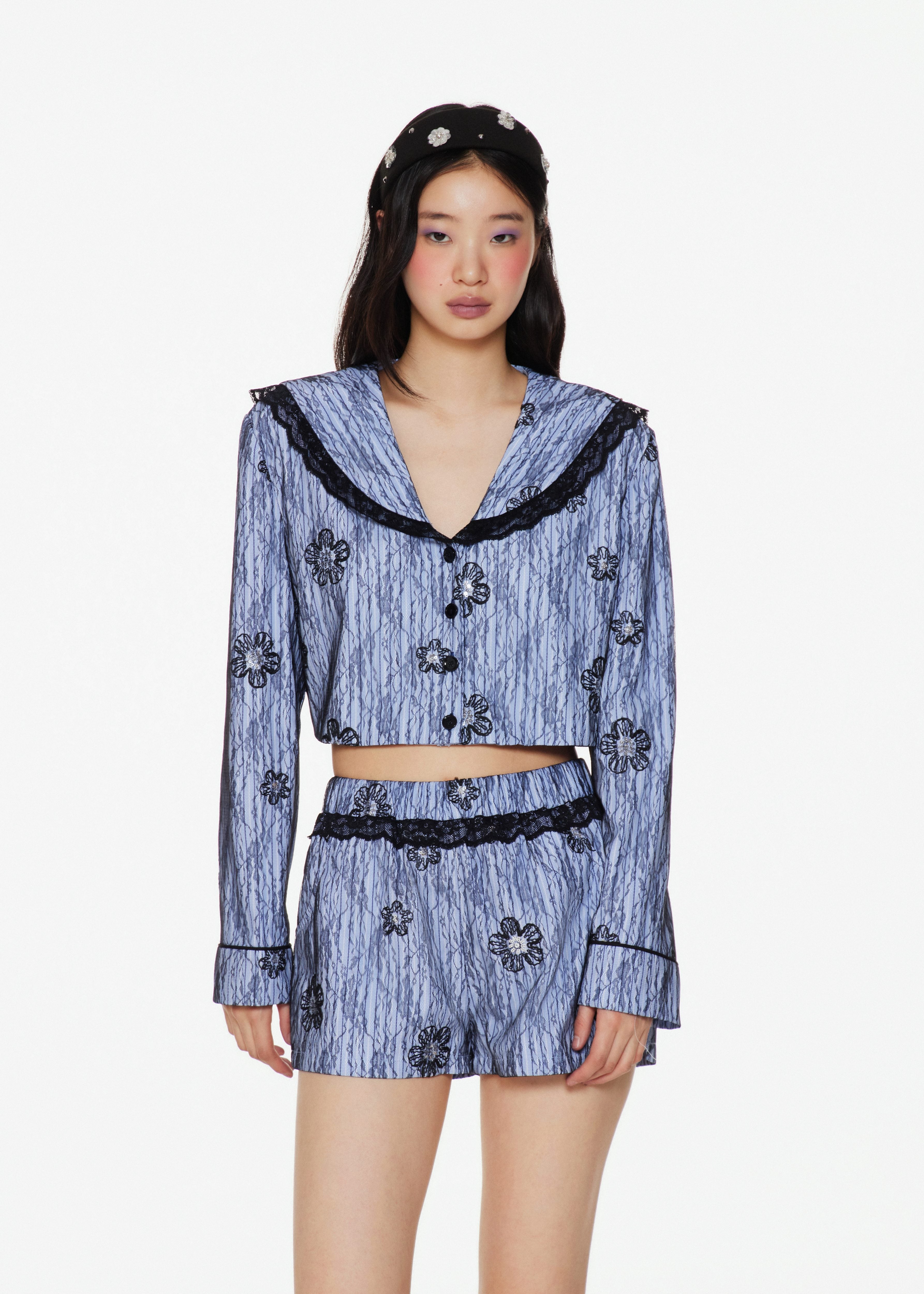 Lace Striped Sailer Collar Pajama Shirt