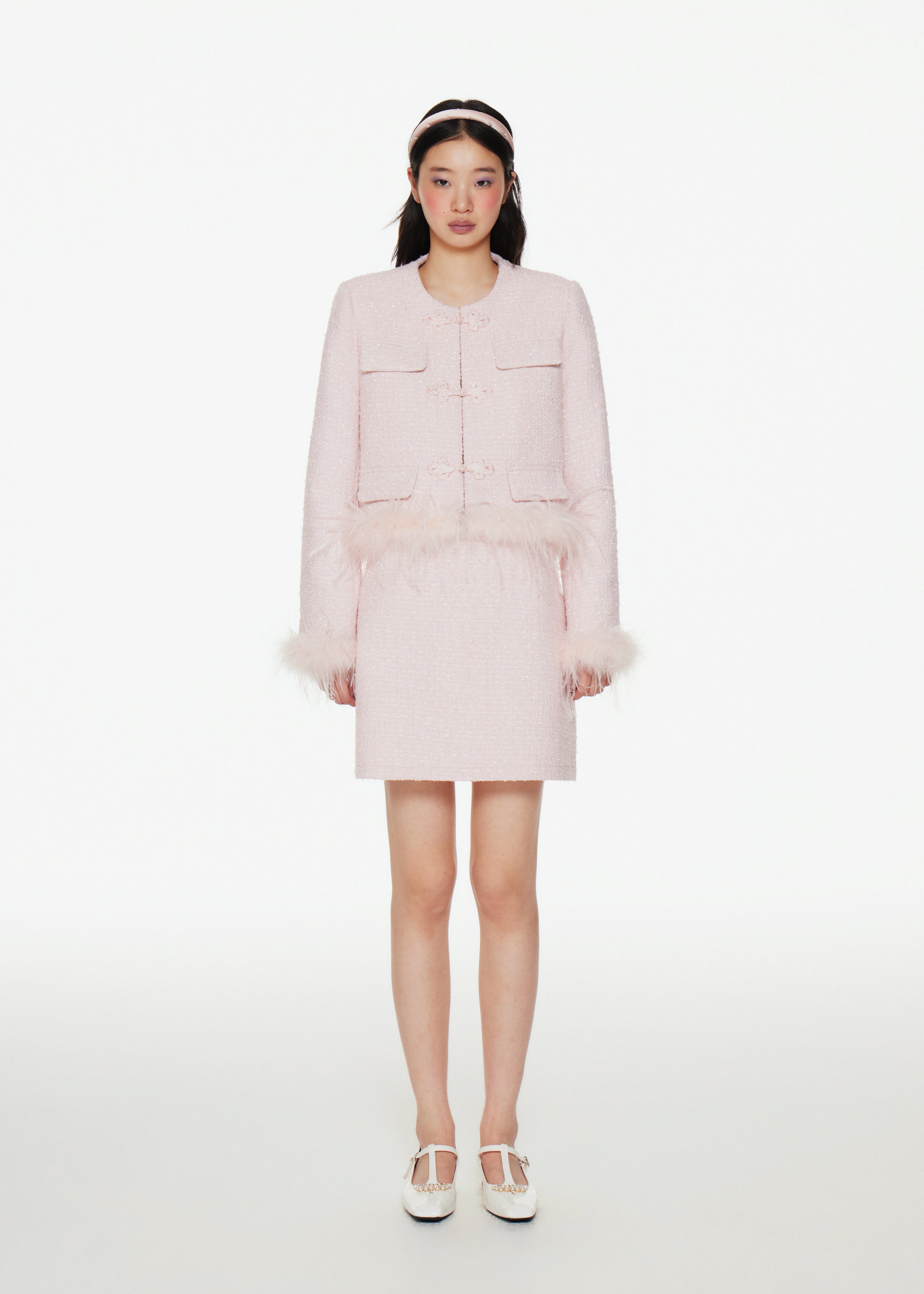 Blush Pink Feather-Trimmed Chinese-Inspired 2 Piece Set