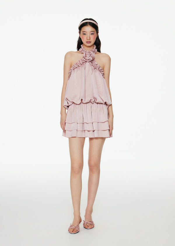 Flora Halter Ruffle Dress in Pink