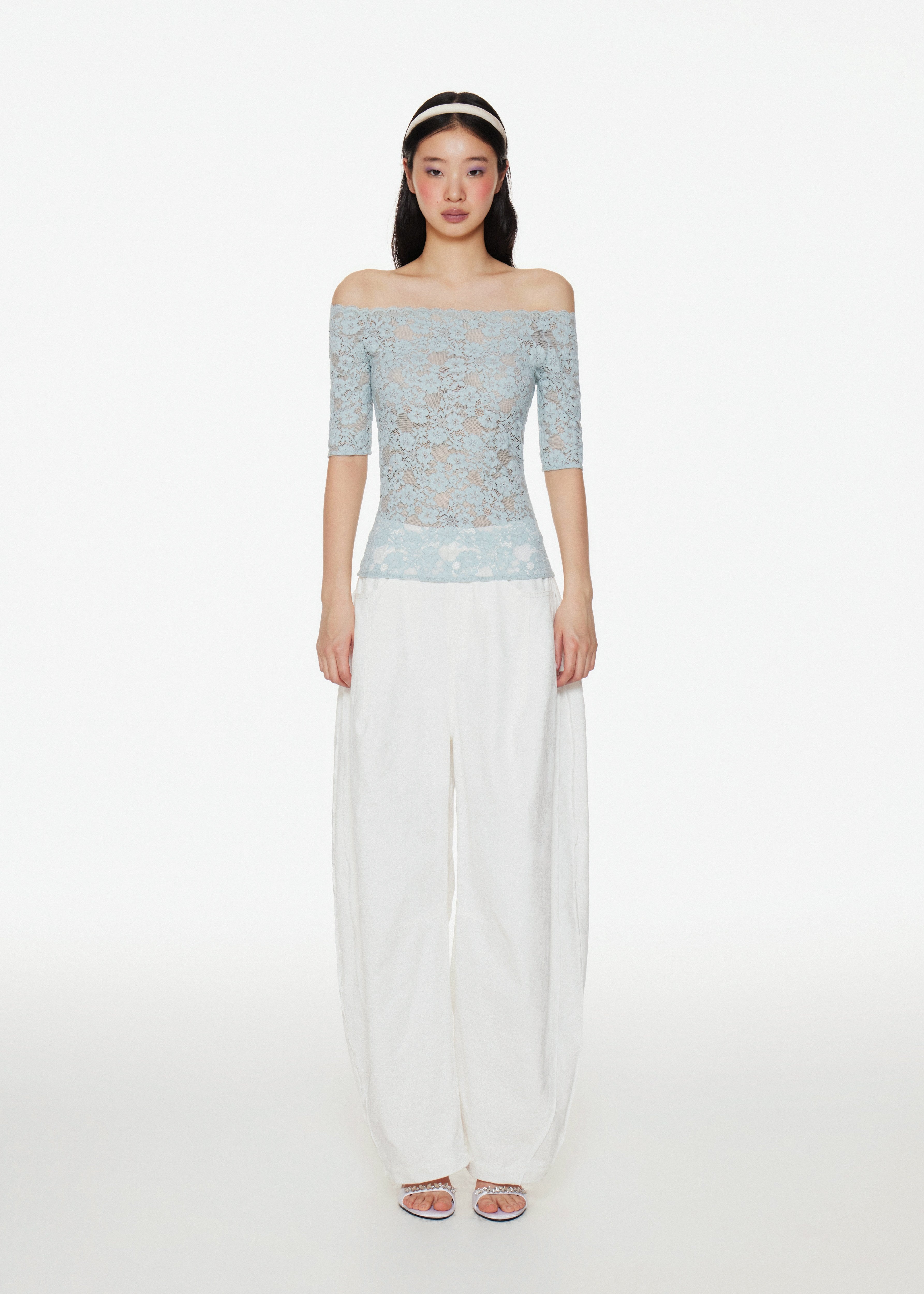 Off Shoulder Lace Mid Lenghth Sleeve in Turquiose