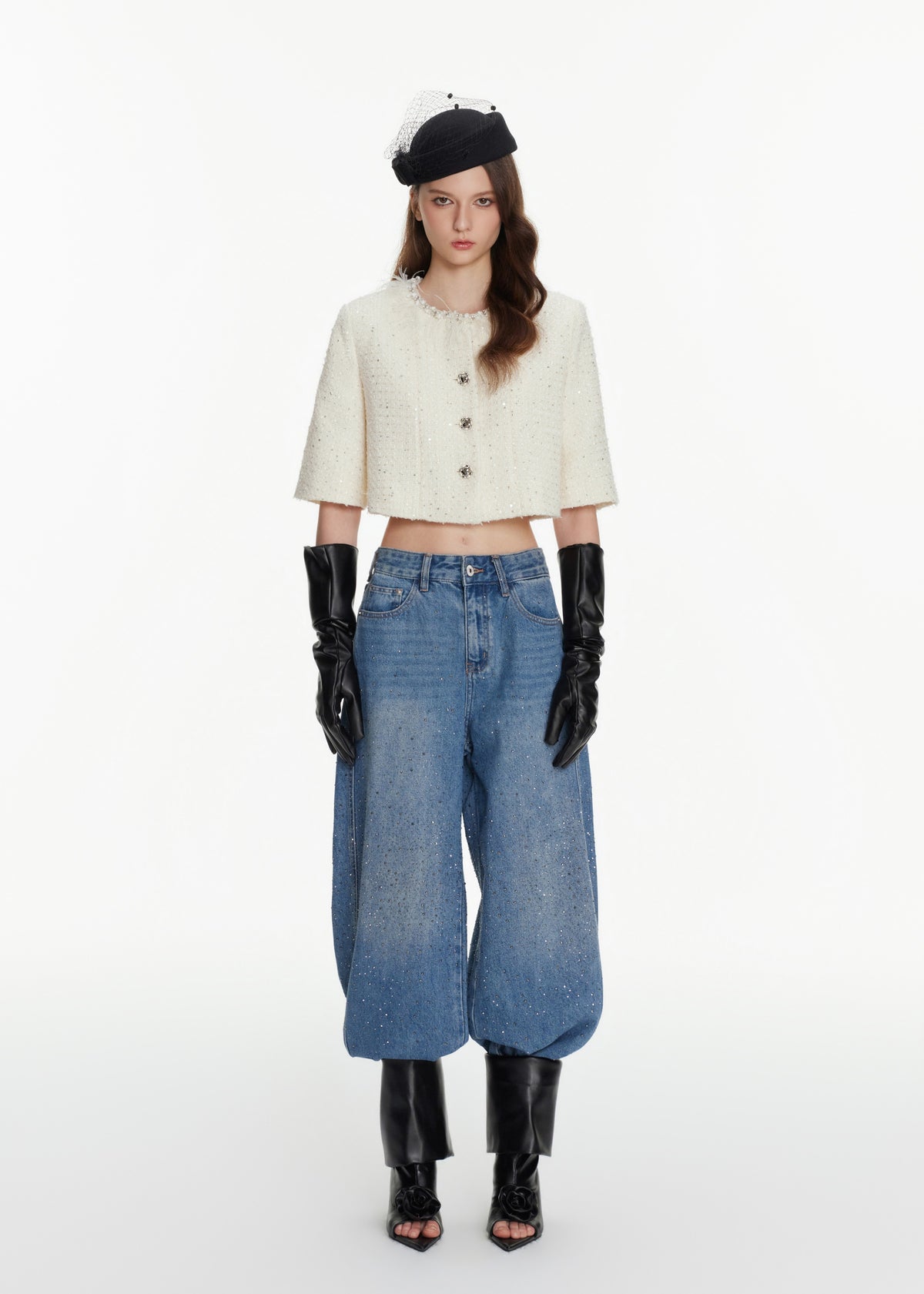 Feather Trim Cropped Tweed Jacket