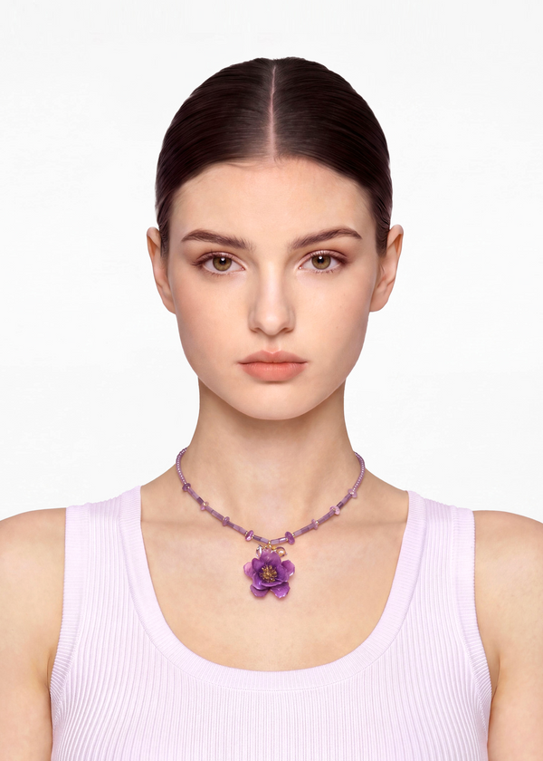 Preserved Purple Wild Flower Bead Necklace