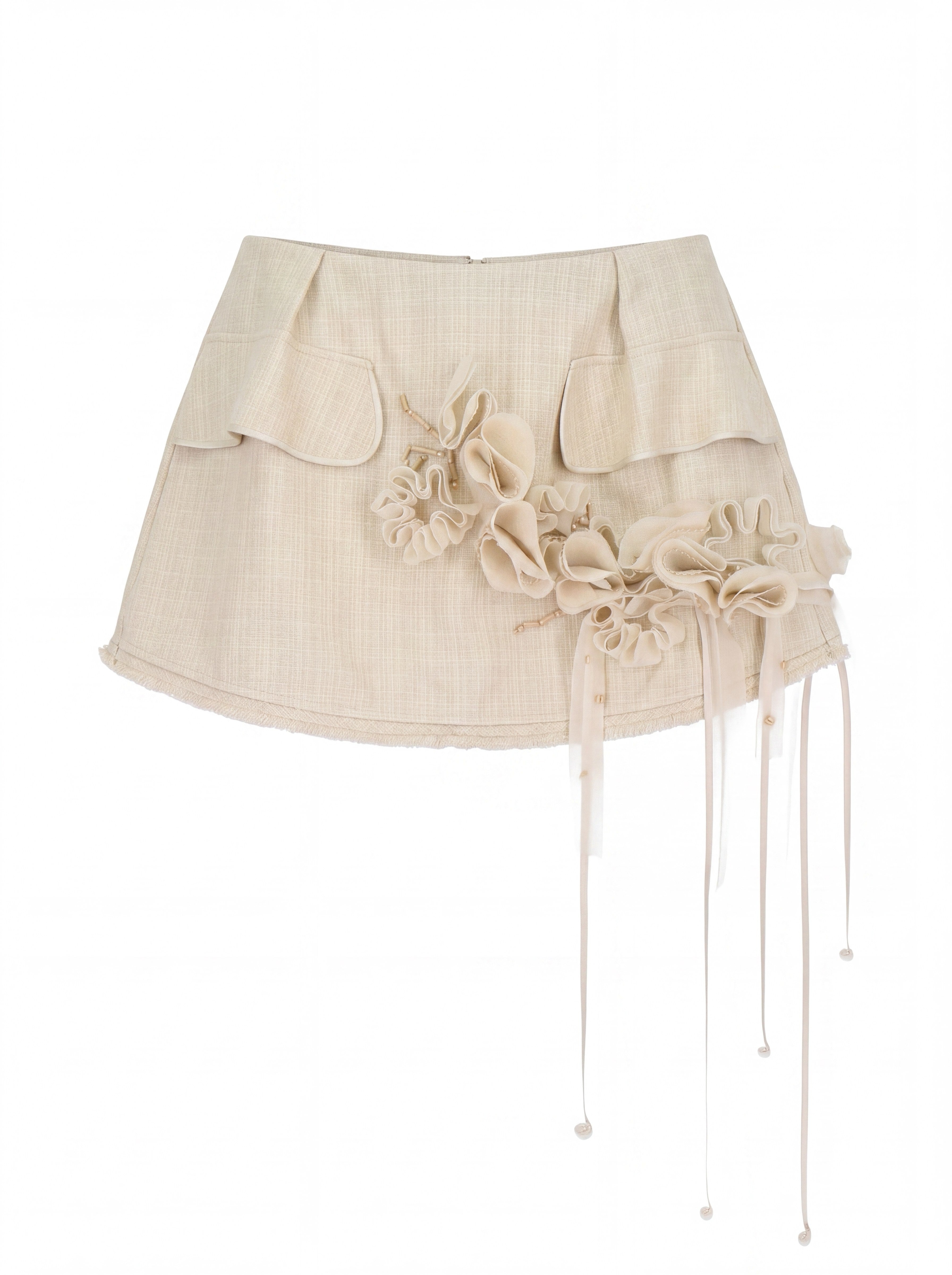 Beige Floral Trimmed Mini Short