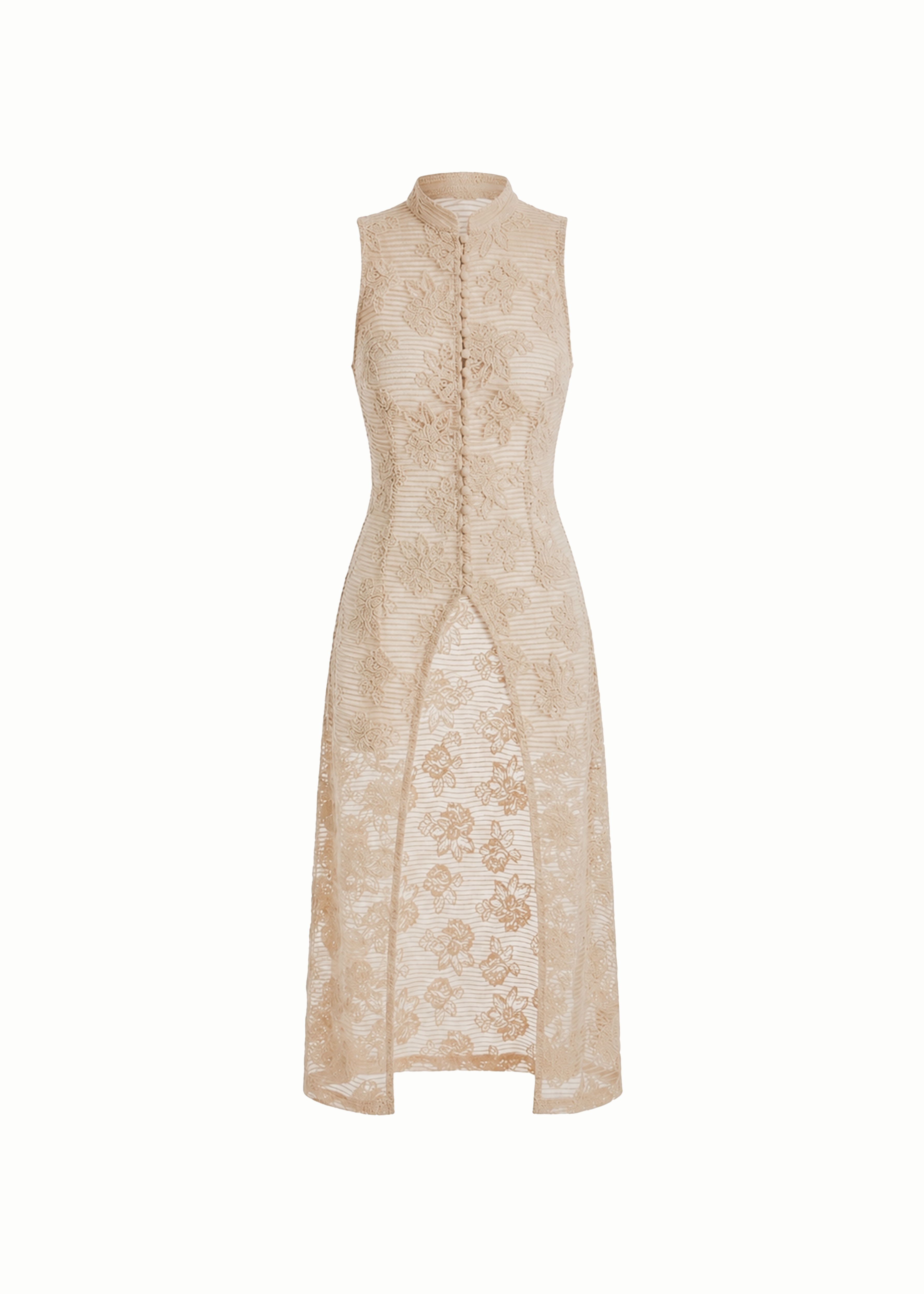 Lace Knit Sleeveless Mandarin Collar Duster in Beige