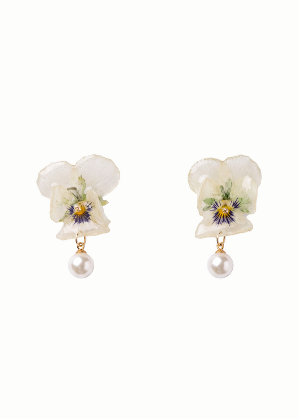 Preserved Viola Pansy Pearl Drop Earrings