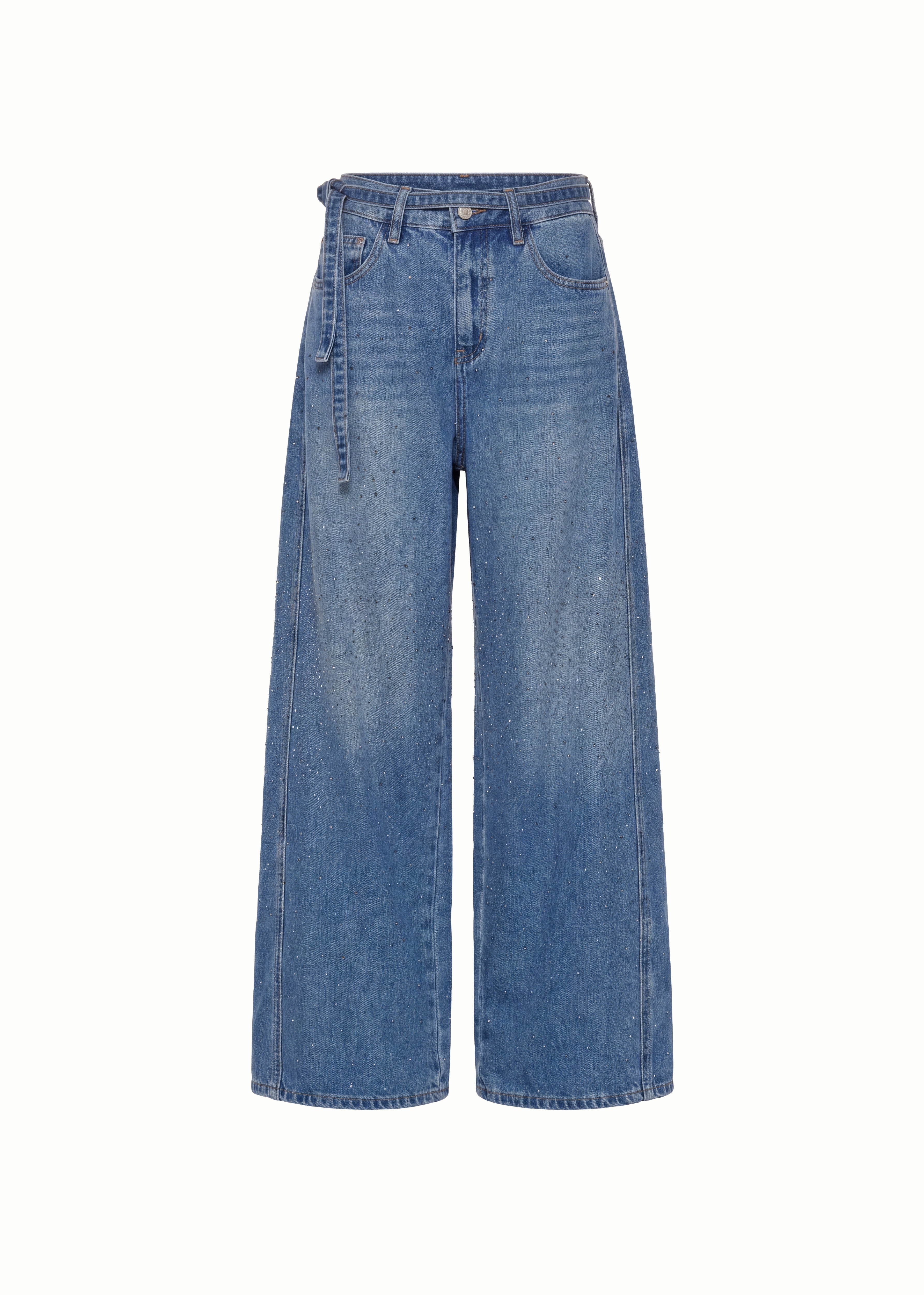 Rhinestone Encrusted Low-Rise Wide Leg Jeans with Waist Belt