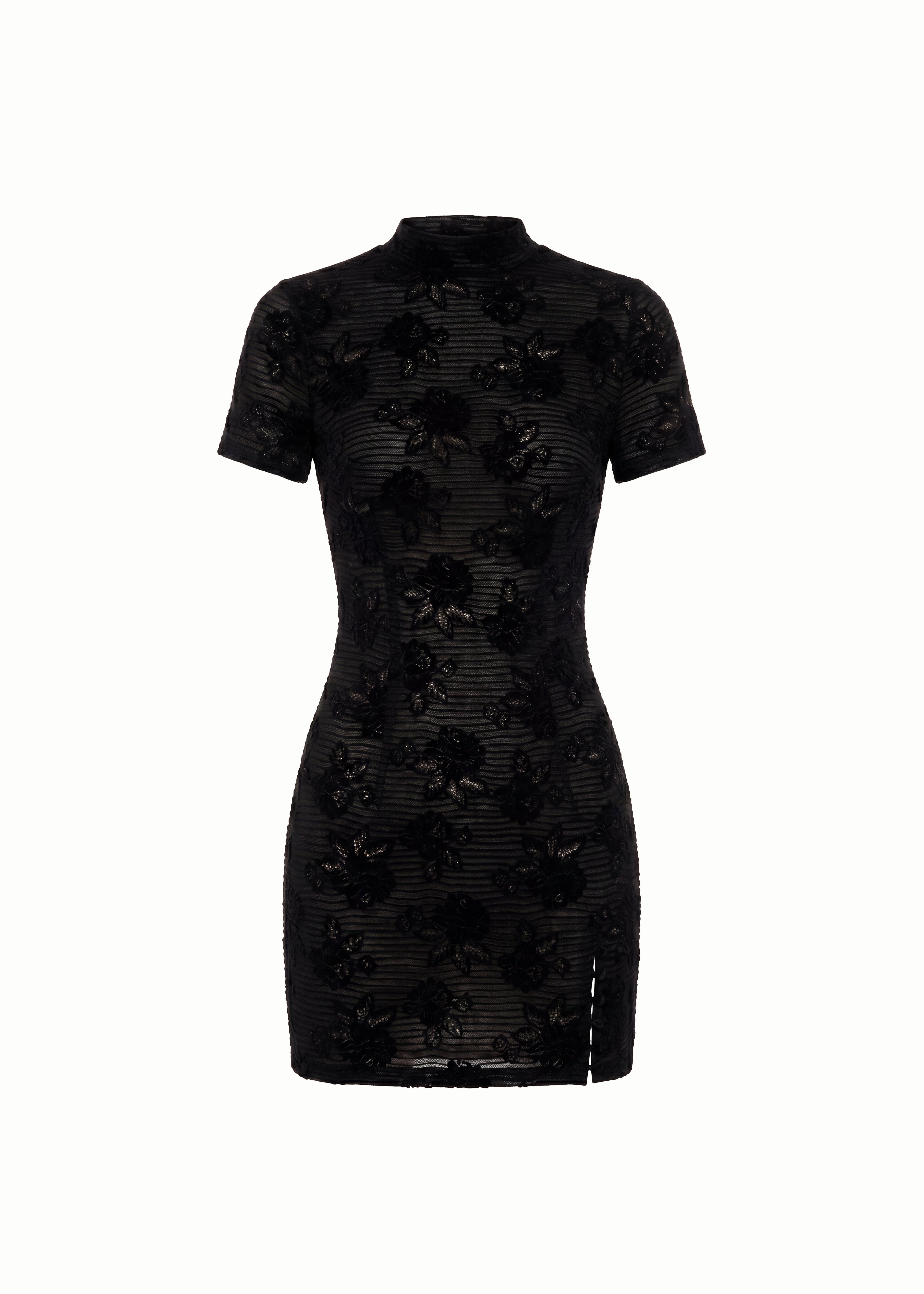 Lace Knit High Neck Mini Dress in Black