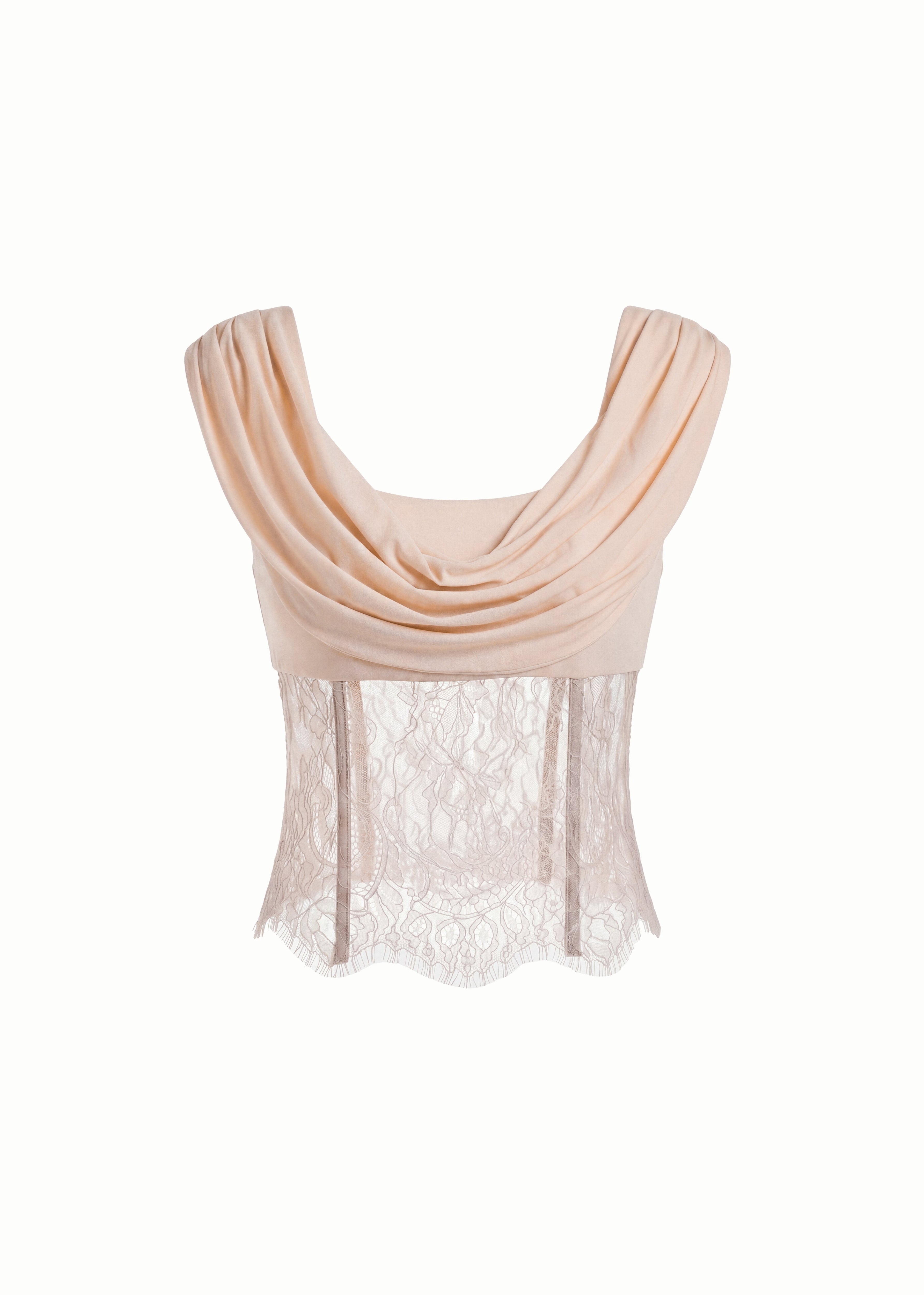 Cowl Neck Lace Inlay Corset Top in Peach