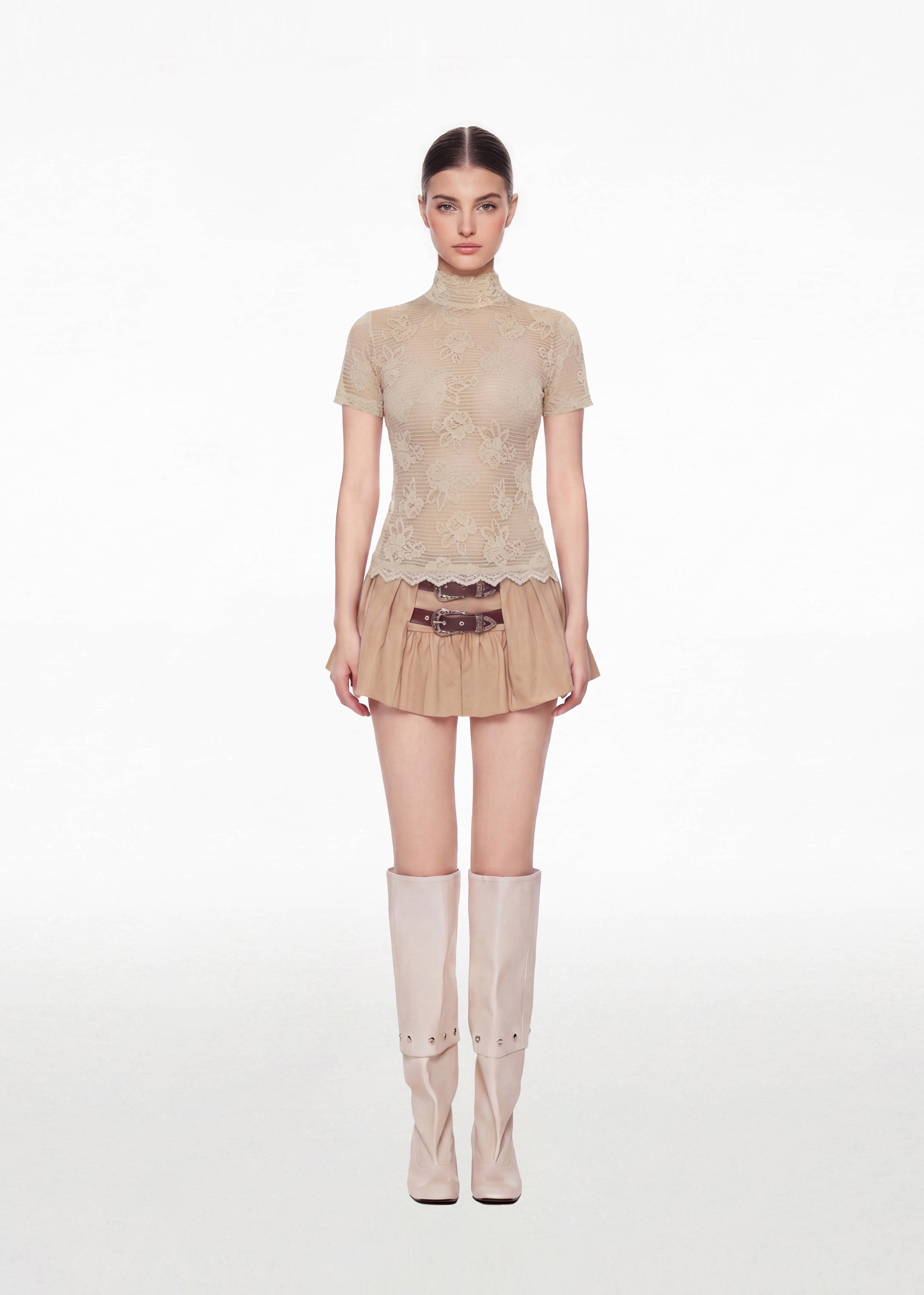 Sheer Lace Knit Short Sleeve Top In Beig
