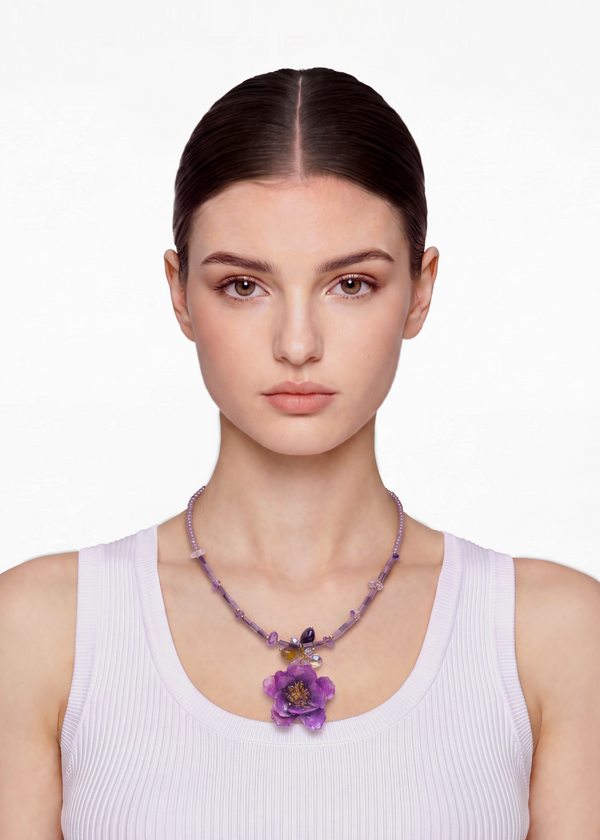 Preserved Purple Wild Flower Bead Necklace