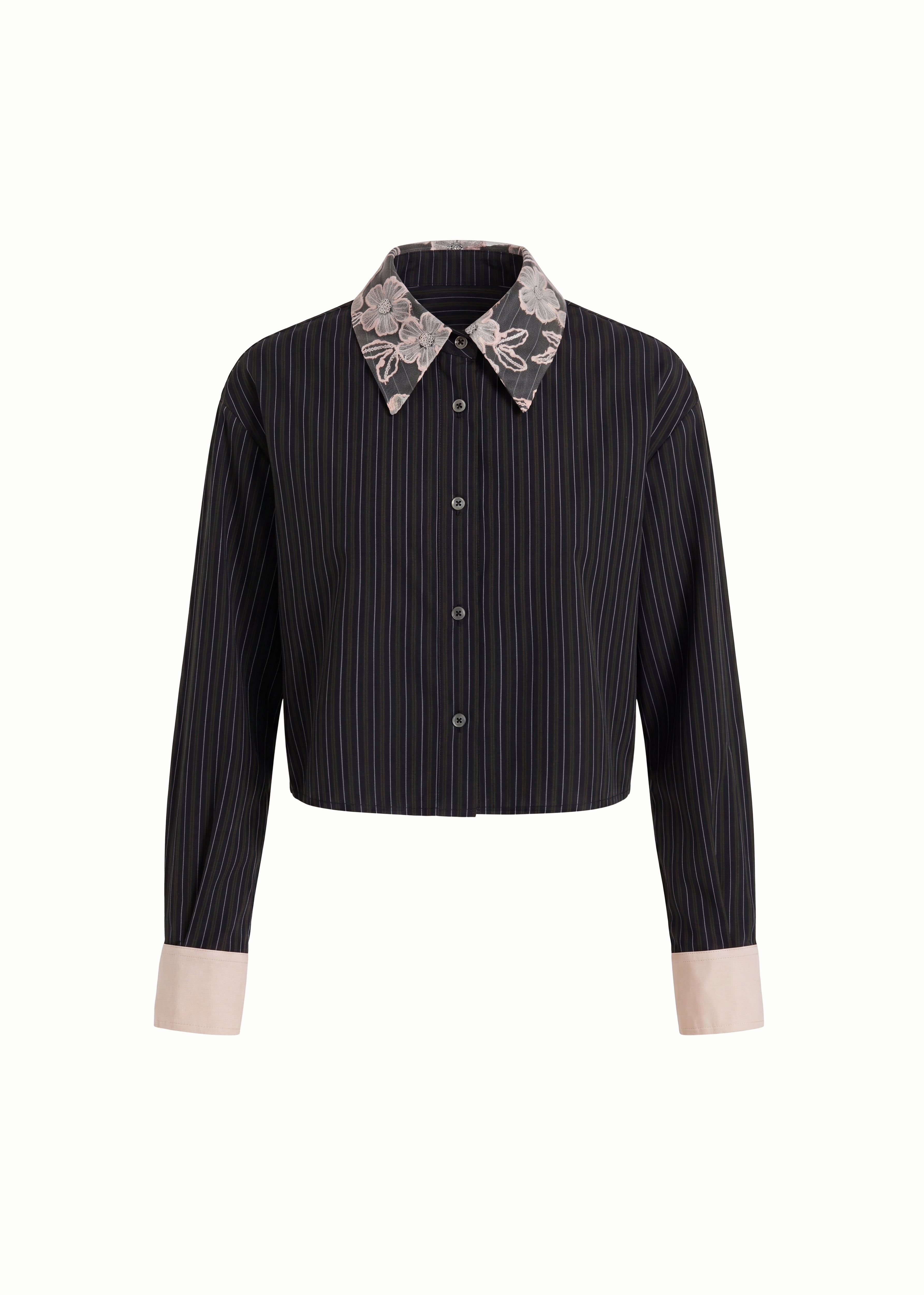 Pinsripe Shirt with Embroidered Collar