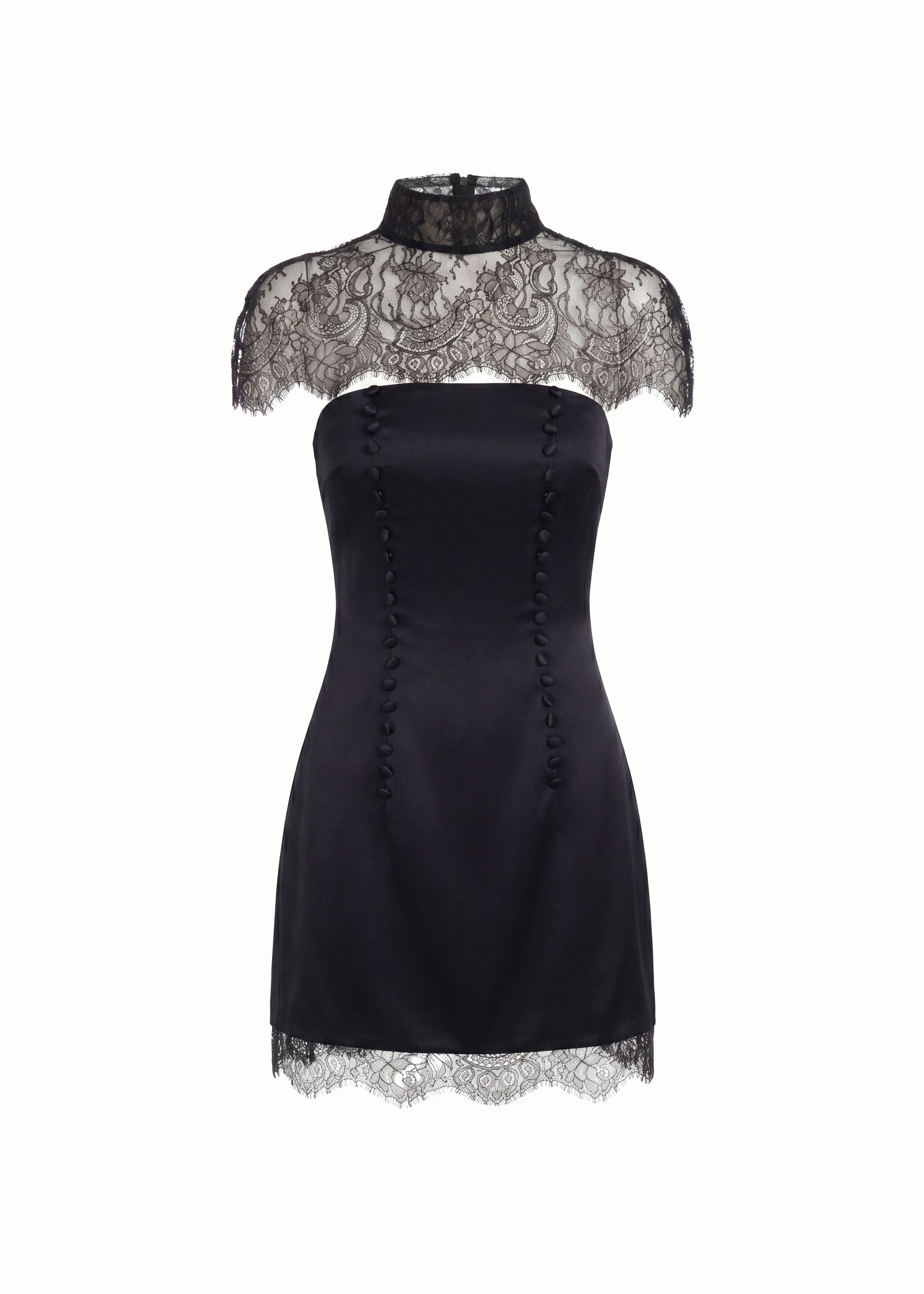 Mandarin Mini Dress in Black with Mesh Cape