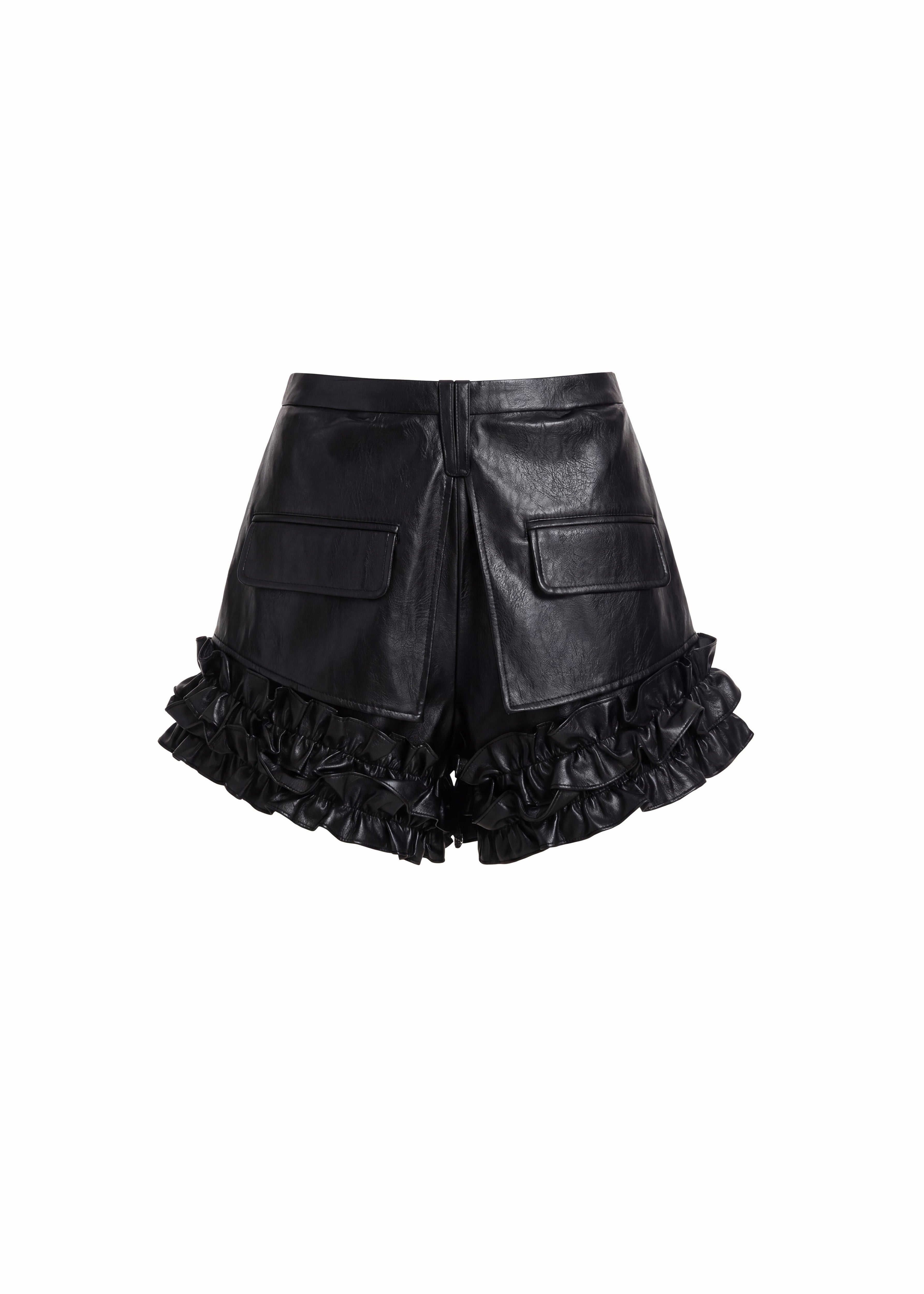 Black Faux Leather Shorts With Ruffle Enhancements