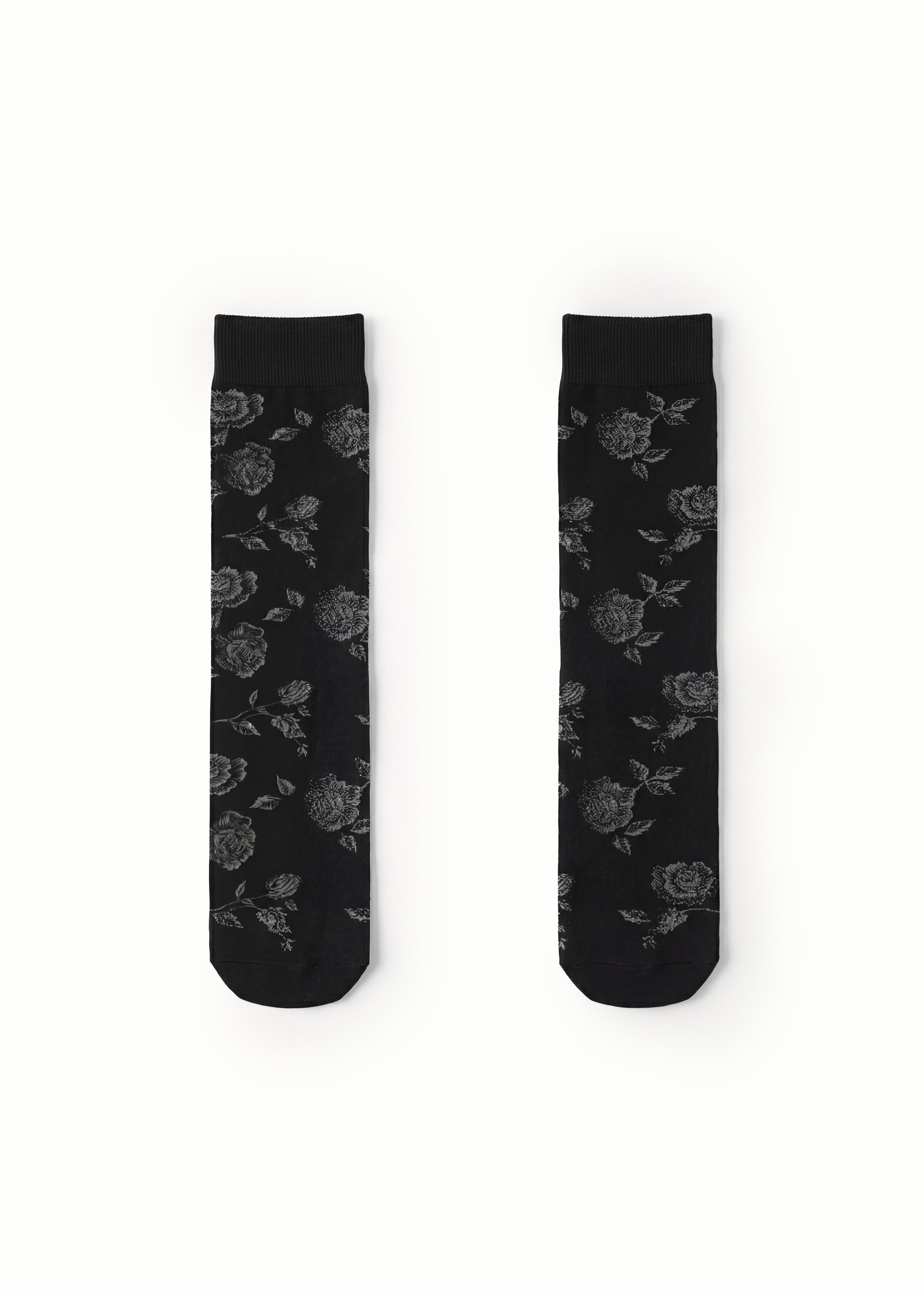 Black Sheer Mid-Calf Socks with Rose Print