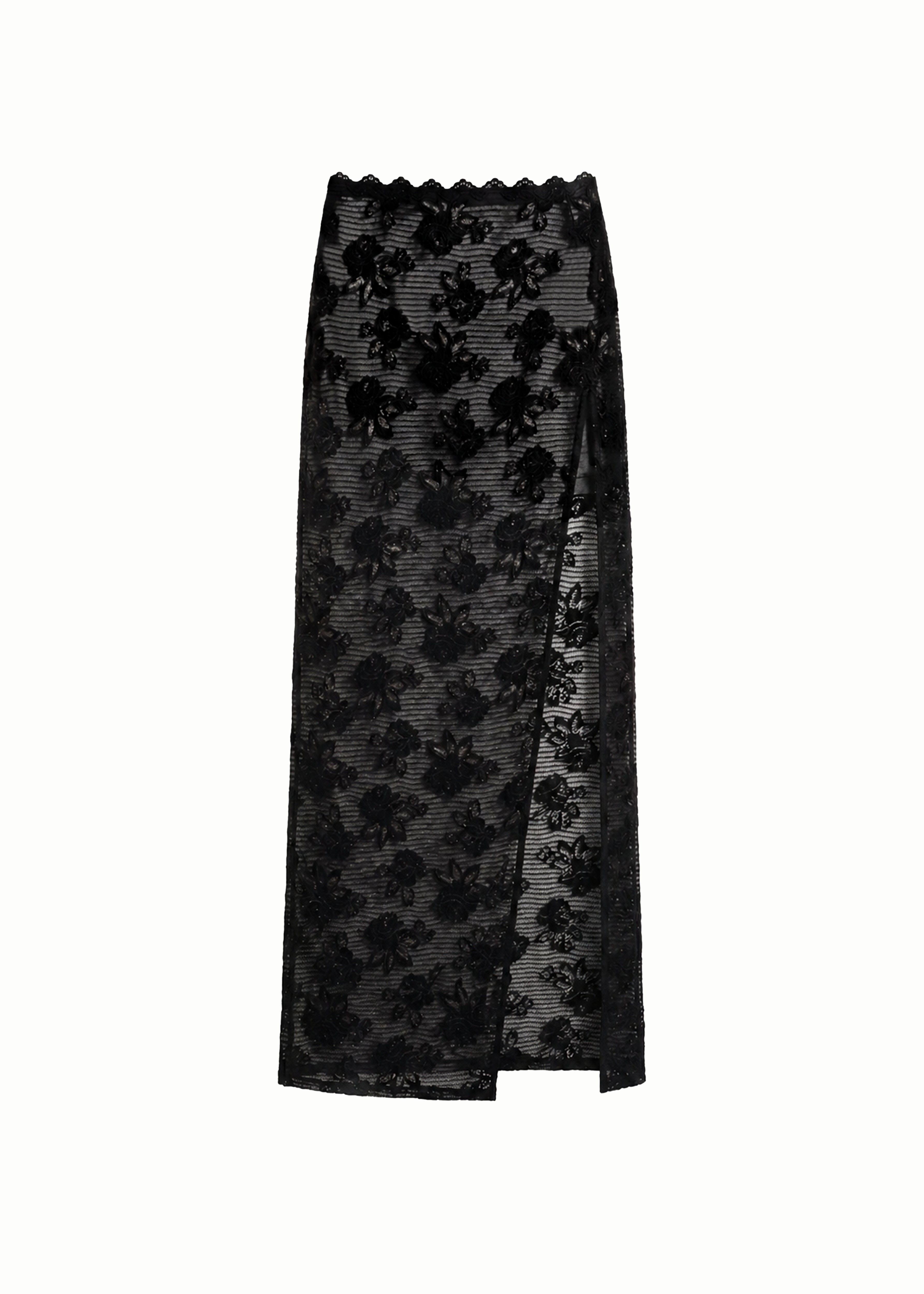 Black lace slit skirt on a white background