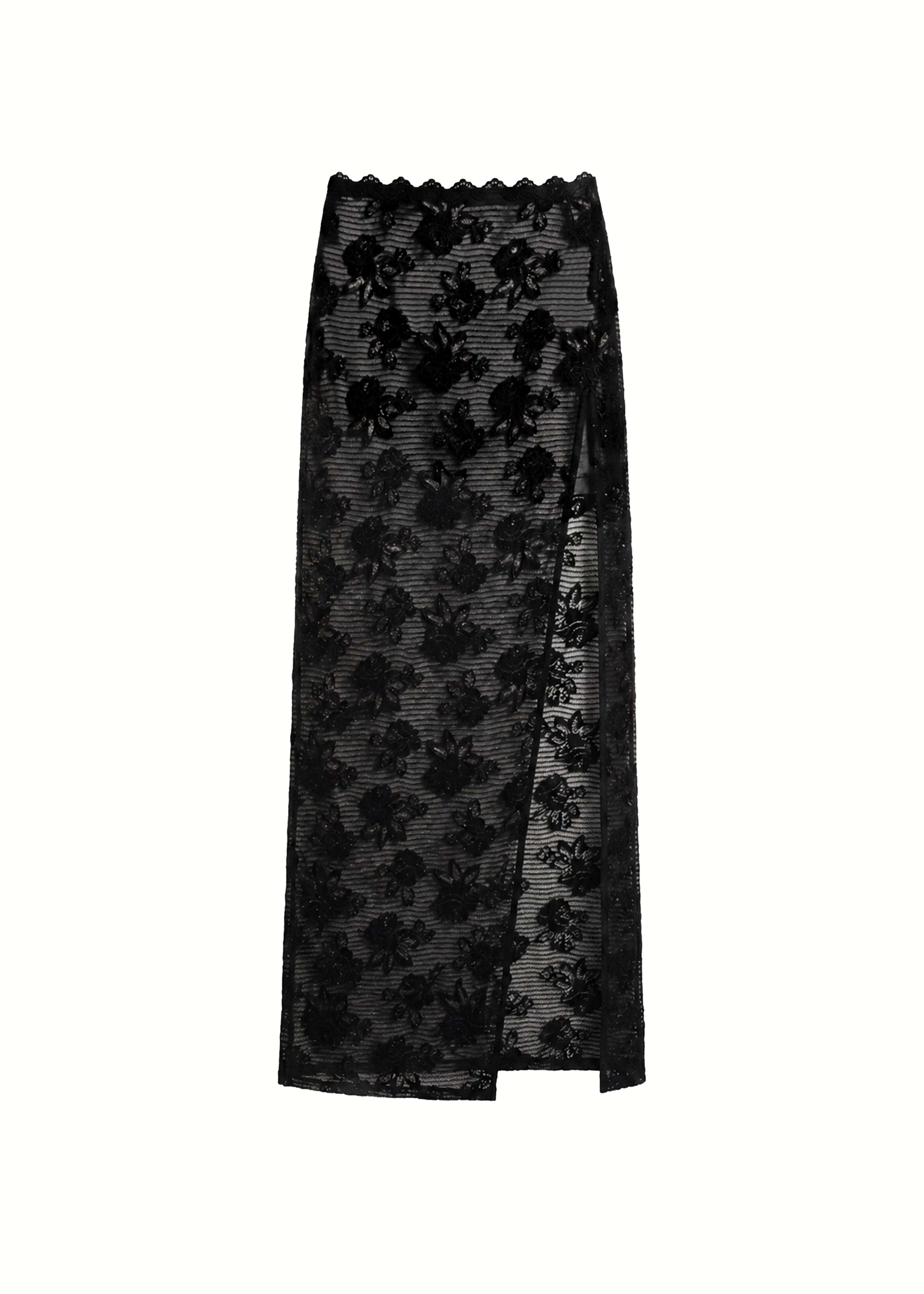Lace Knit High-Slit Maxi Skirt in Black